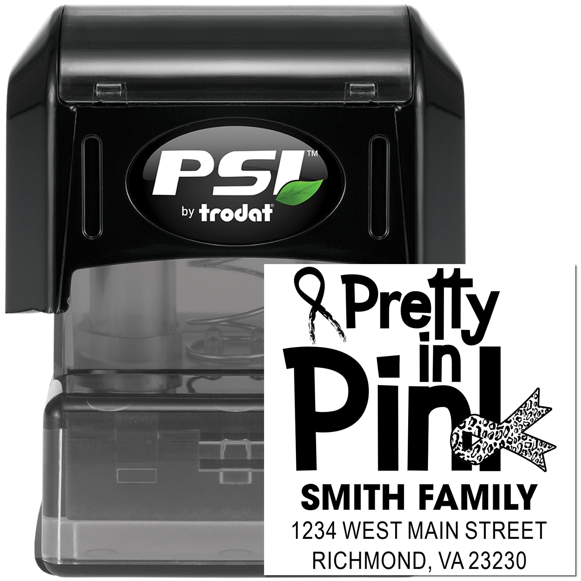 PSI by Trodat self-inking custom address rubber stamp with Pretty in Pink Smith Family imprint for mailing.