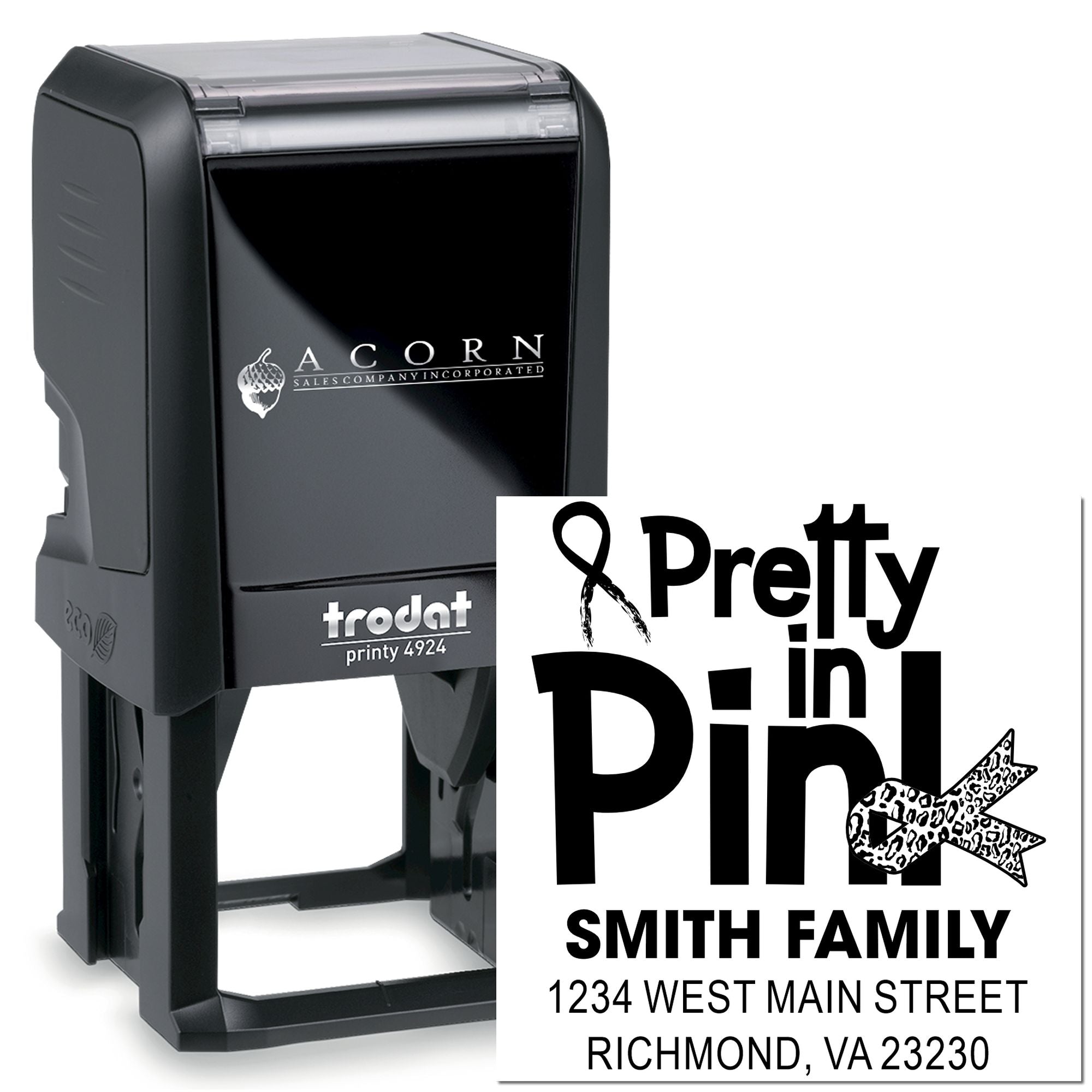 Custom self-inking rubber stamp with Pretty in Pink family name and address for personalized envelopes.