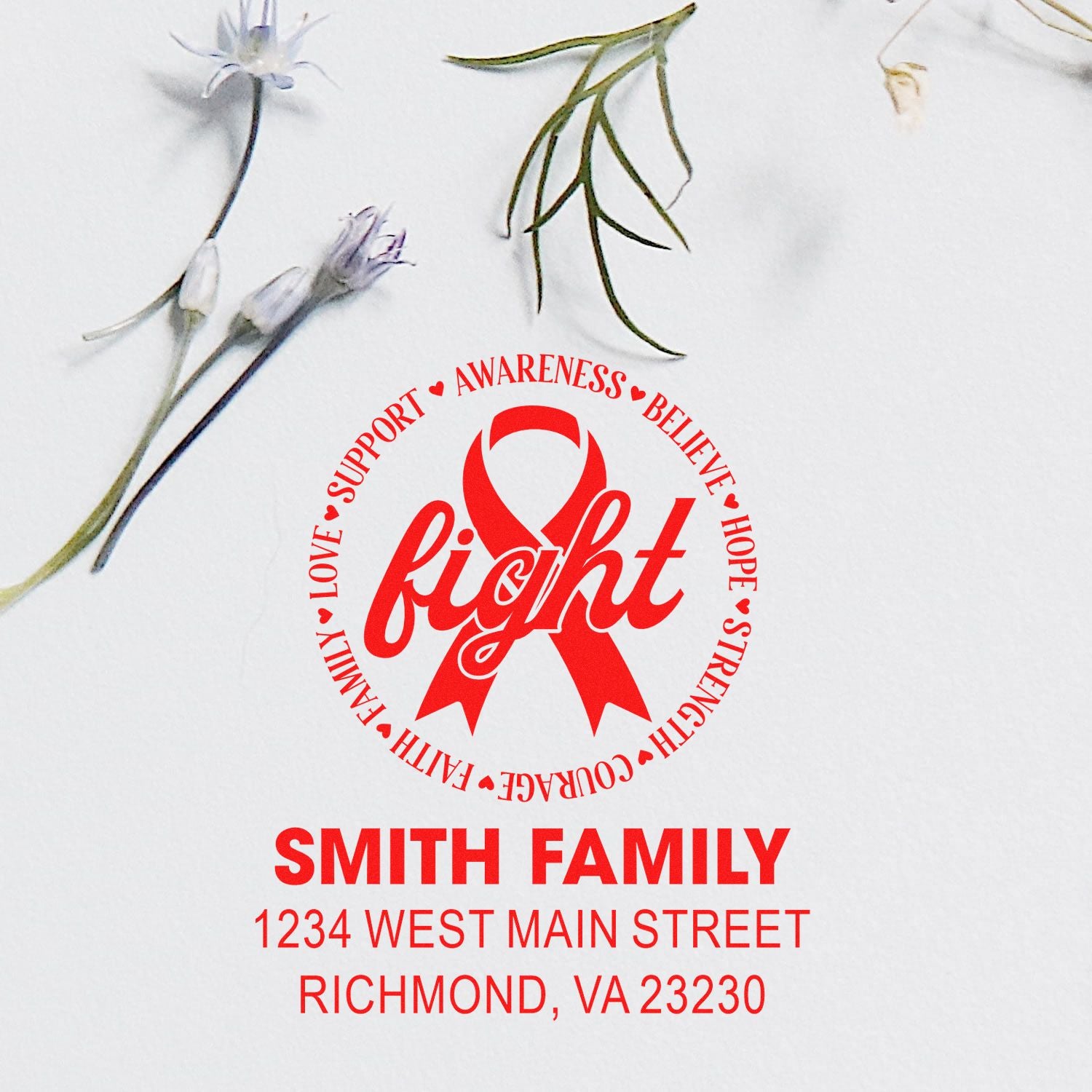 Custom breast cancer awareness rubber stamp with fight ribbon, Smith Family name, and Richmond, VA return address.