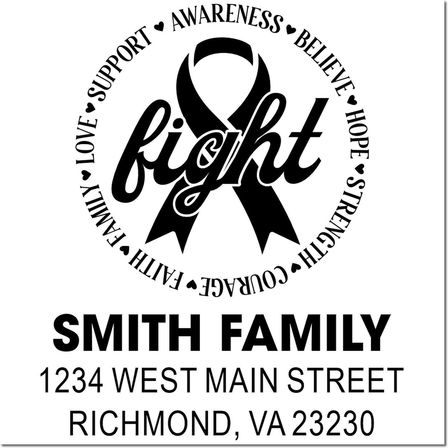 Breast cancer awareness rubber stamp with ribbon and fight message, custom Smith Family address stamp for Richmond, VA.