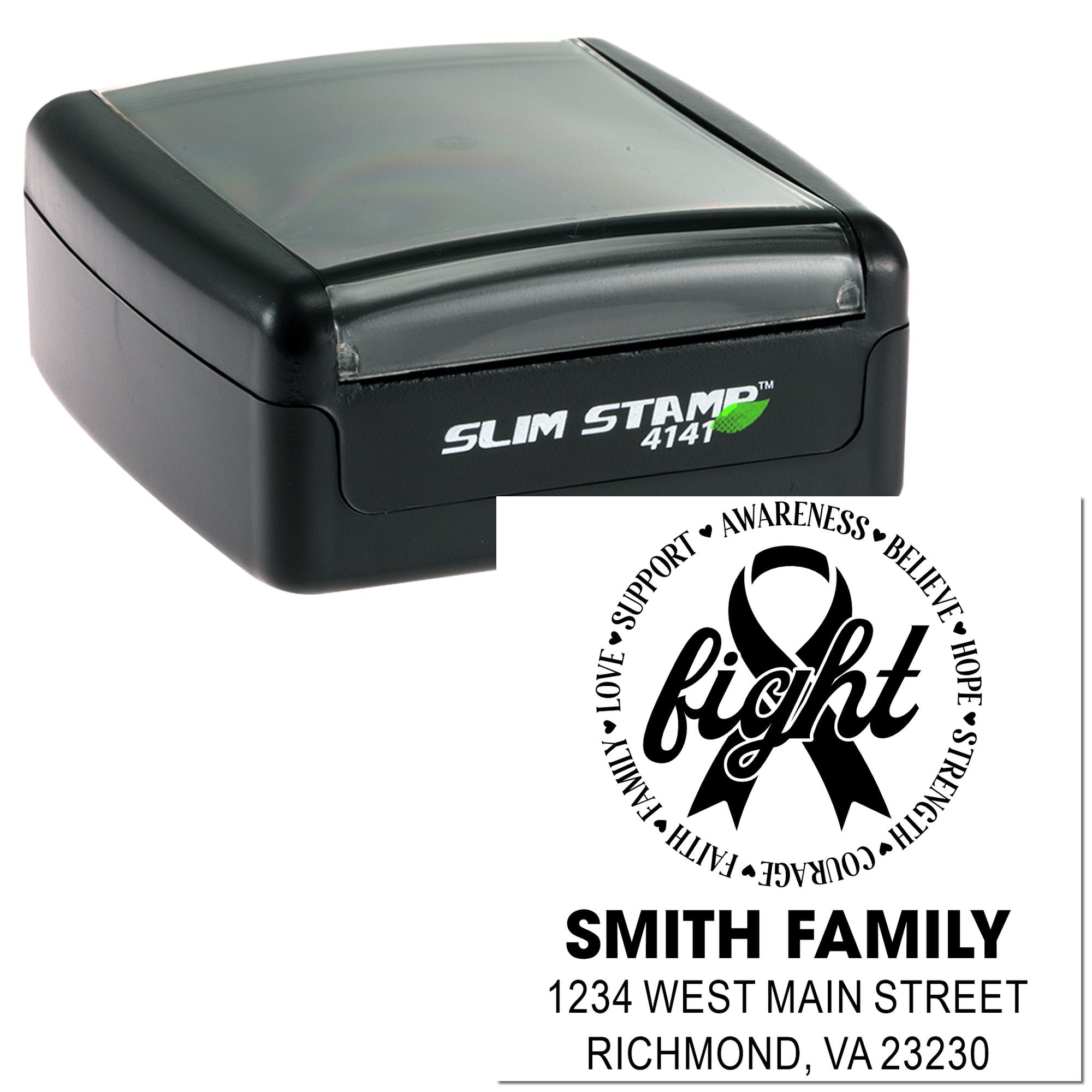 Custom self-inking rubber stamp with awareness ribbon and family address for personalized mailings.