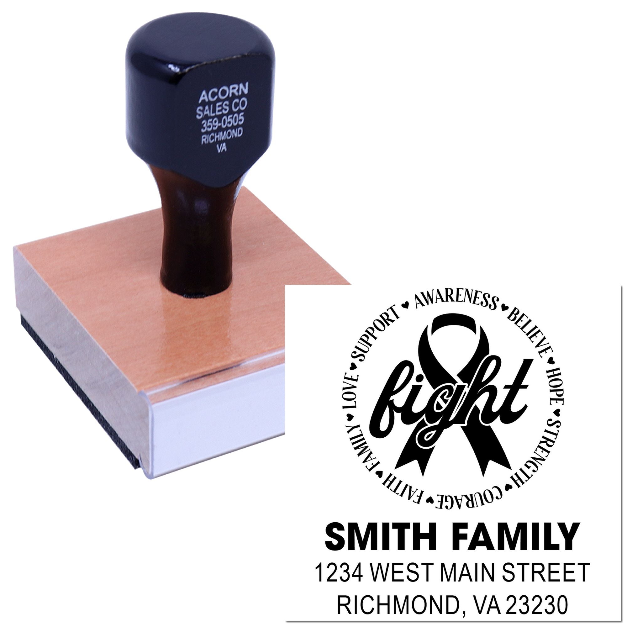 Custom breast cancer awareness rubber stamp with family address and pink ribbon design for personalized mailing use