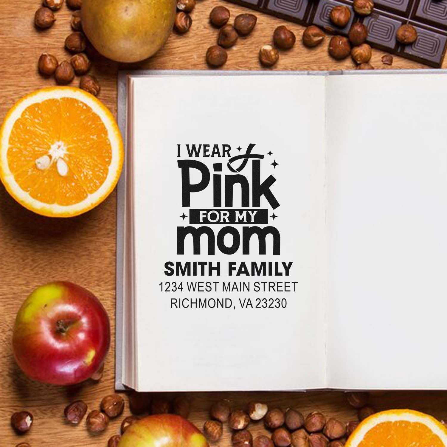 Custom breast cancer awareness rubber stamp reading I Wear Pink for My Mom with family name and address.