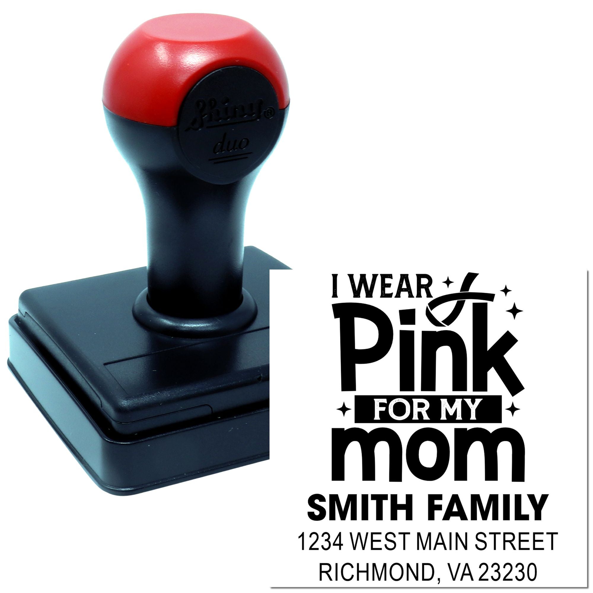 Custom self-inking rubber stamp with breast cancer awareness message and Smith family address design.