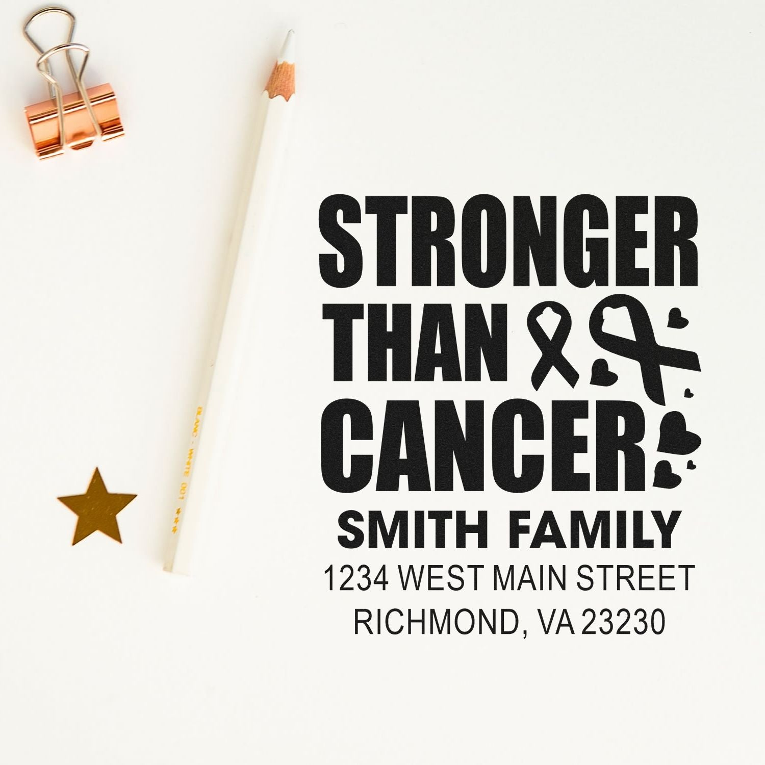 Personalized rubber stamp design with "Stronger Than Cancer," Smith Family name, and address for cancer awareness.