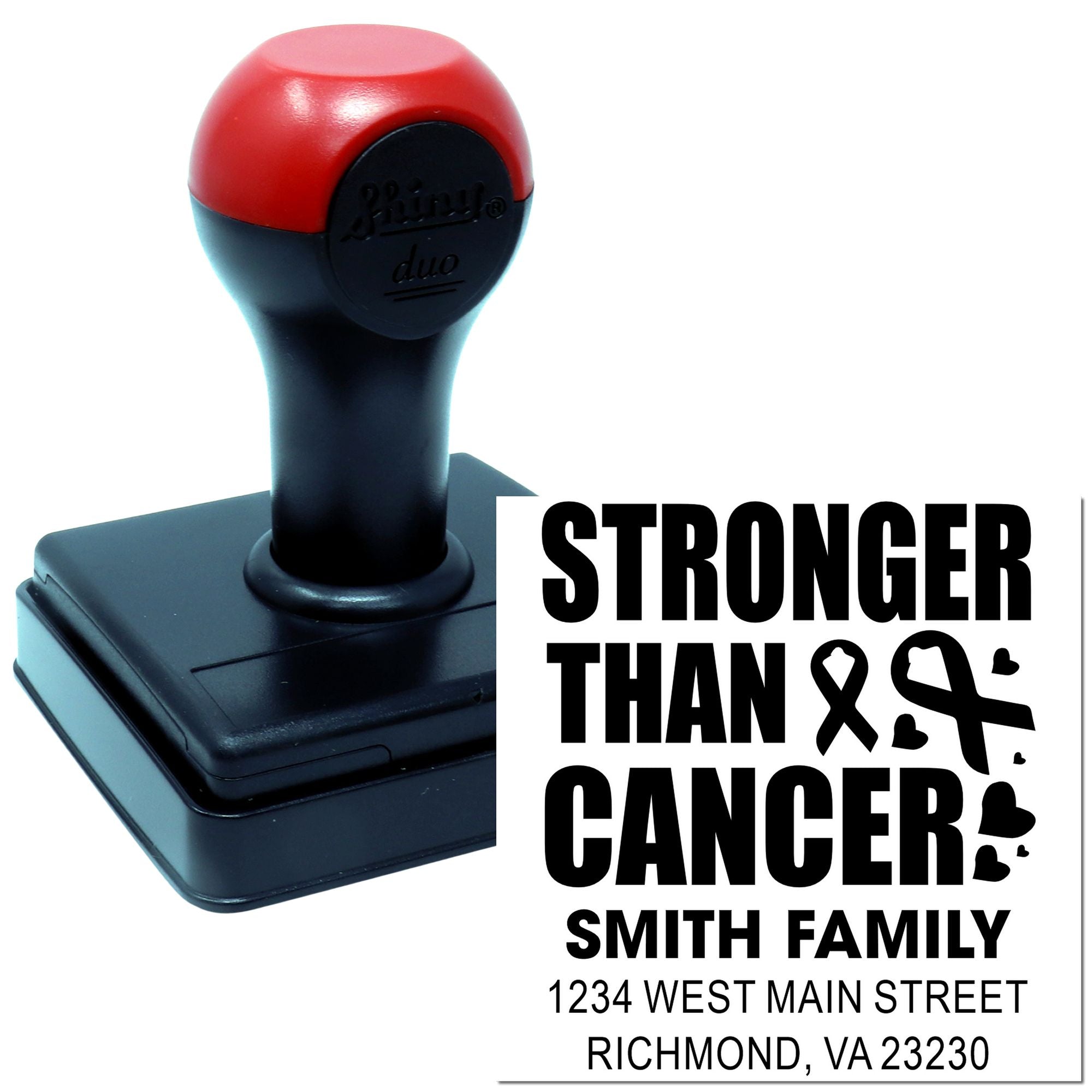 Personalized rubber stamp with Stronger Than Cancer message, family name, and address for awareness mailings.