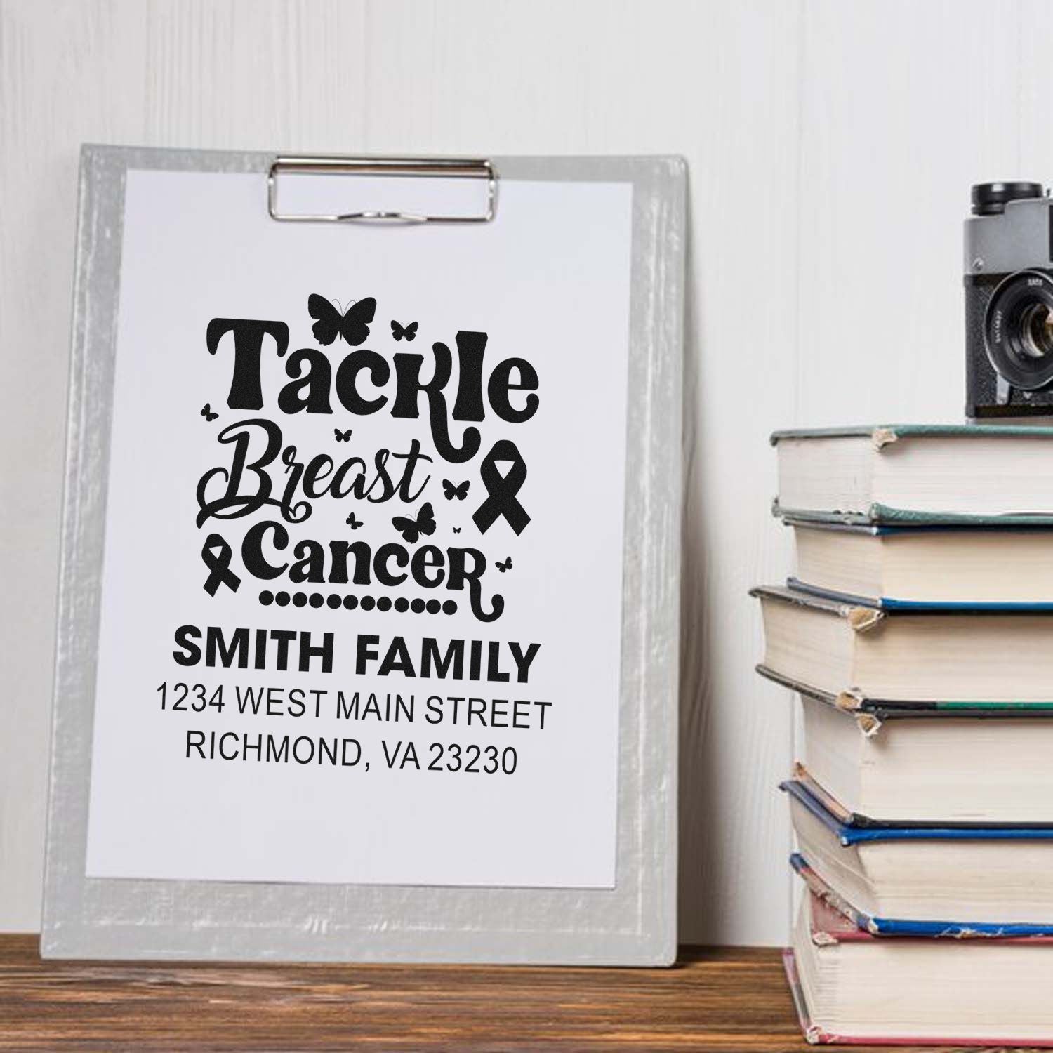 Personalized breast cancer awareness rubber stamp with Smith family name and address for custom mailing.