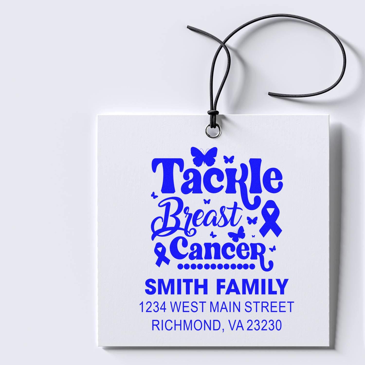 Custom breast cancer awareness rubber stamp with butterflies, ribbon icons, and Smith Family return address.