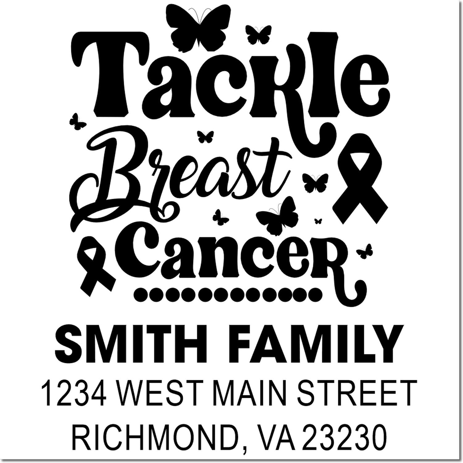 Custom breast cancer awareness rubber stamp reading Tackle Breast Cancer with butterflies, ribbons, and Smith Family return address.