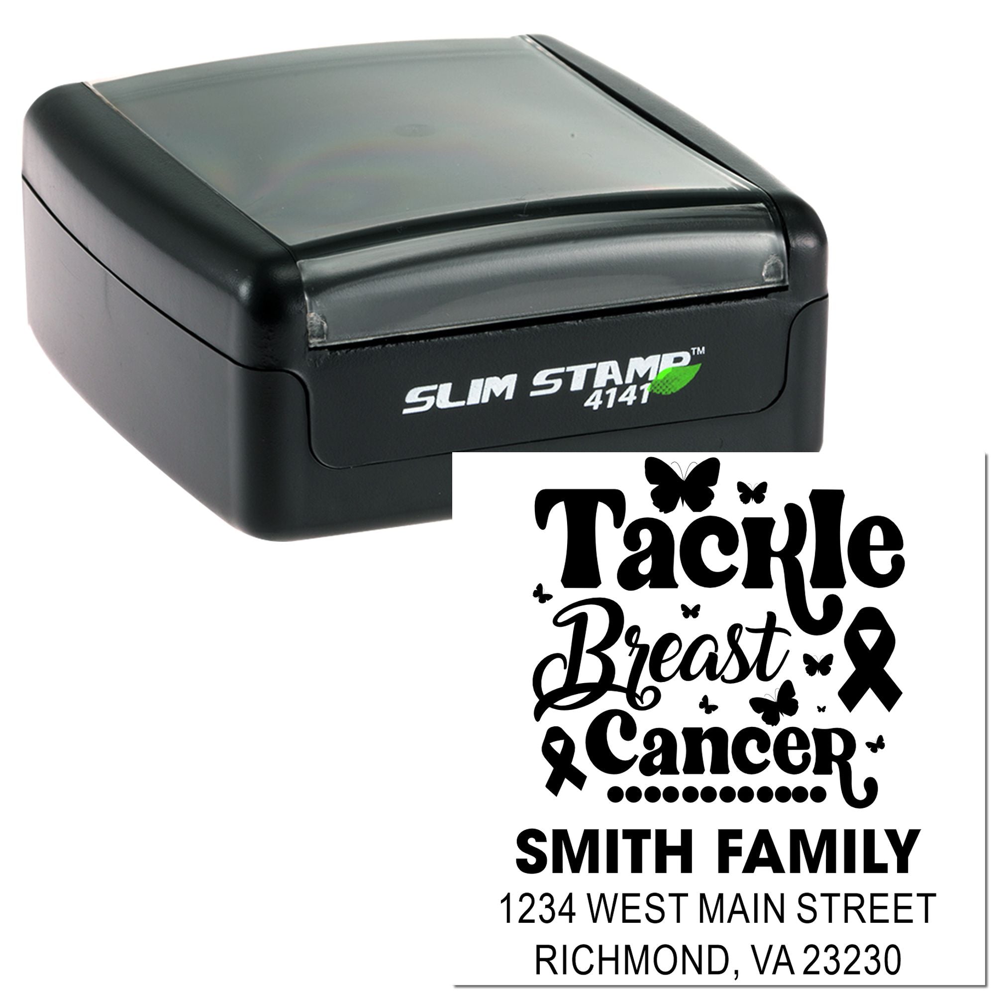 Custom self-inking rubber stamp with breast cancer awareness design and personalized Smith Family address imprint.