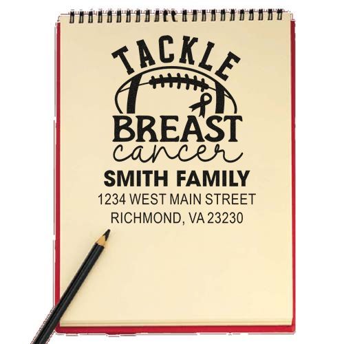 Custom breast cancer awareness rubber stamp with Tackle Breast Cancer, Smith Family name, and return address.