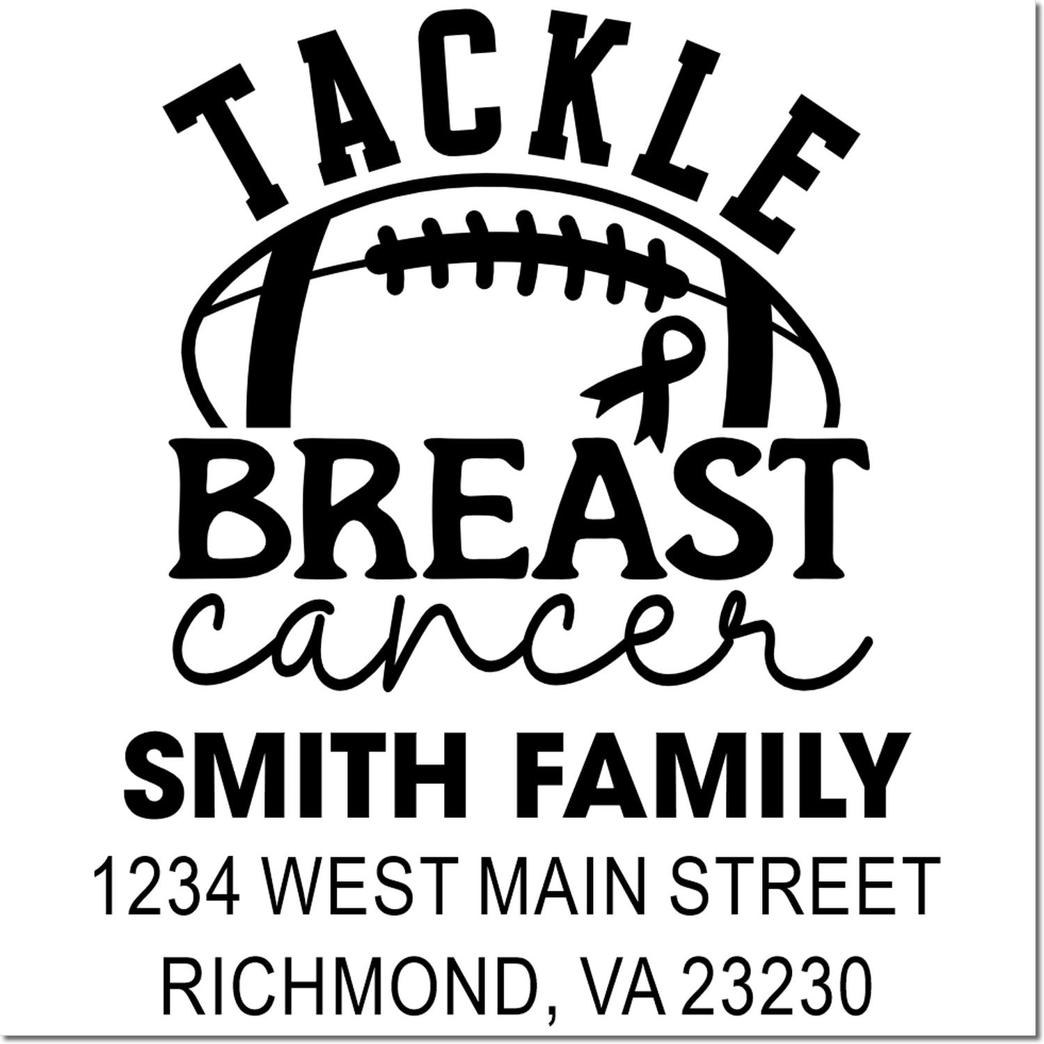 Tackle Breast Cancer custom rubber stamp with football ribbon design and Smith Family return address.