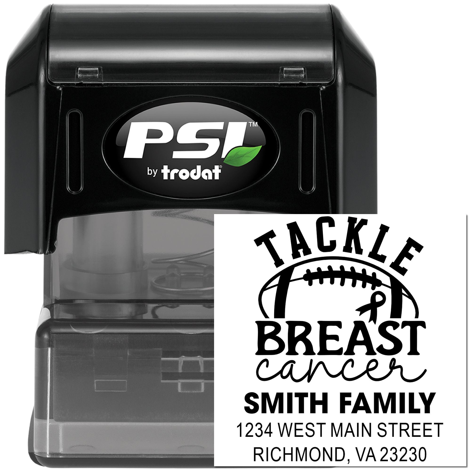 Custom self-inking rubber stamp by PSI Trodat featuring a Tackle Breast Cancer design and personalized family address imprint.