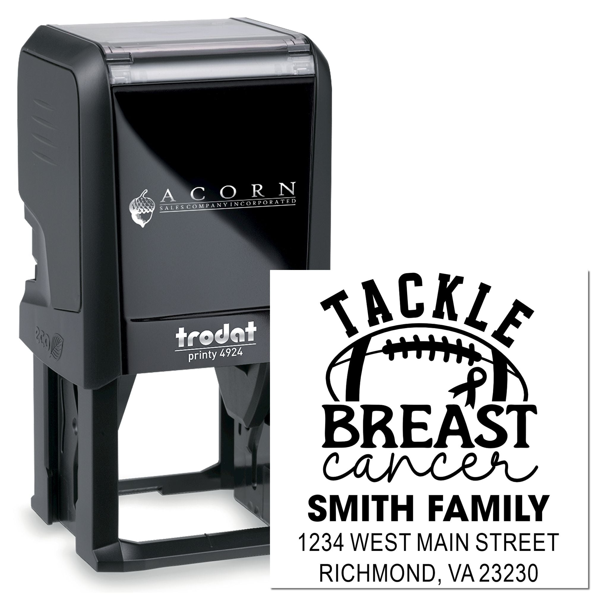 Custom self-inking rubber stamp for breast cancer awareness with Tackle Breast Cancer Smith Family design.