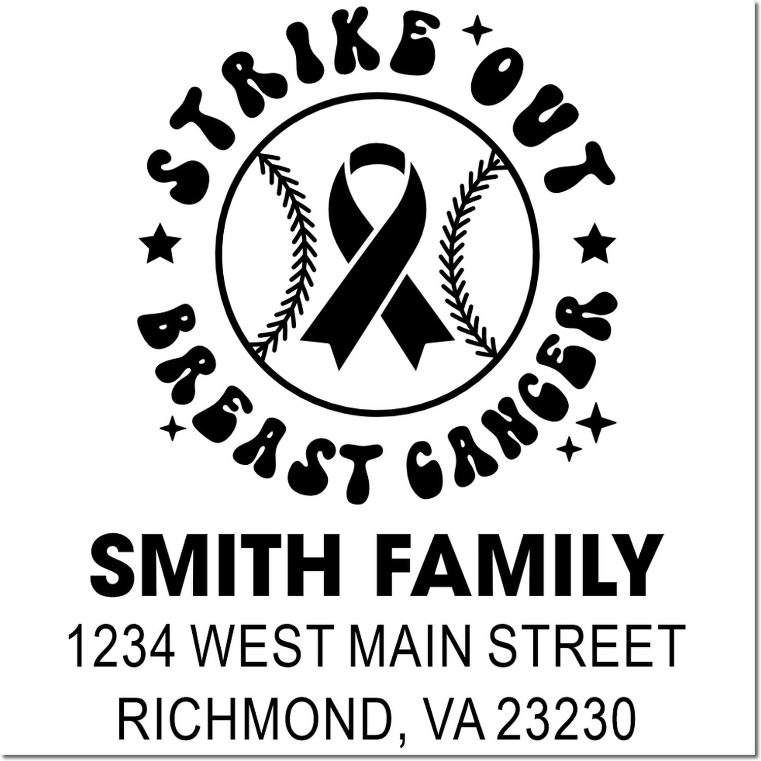 Custom rubber stamp with Strike Out Breast Cancer ribbon logo, Smith Family name, and return address in Richmond, VA.