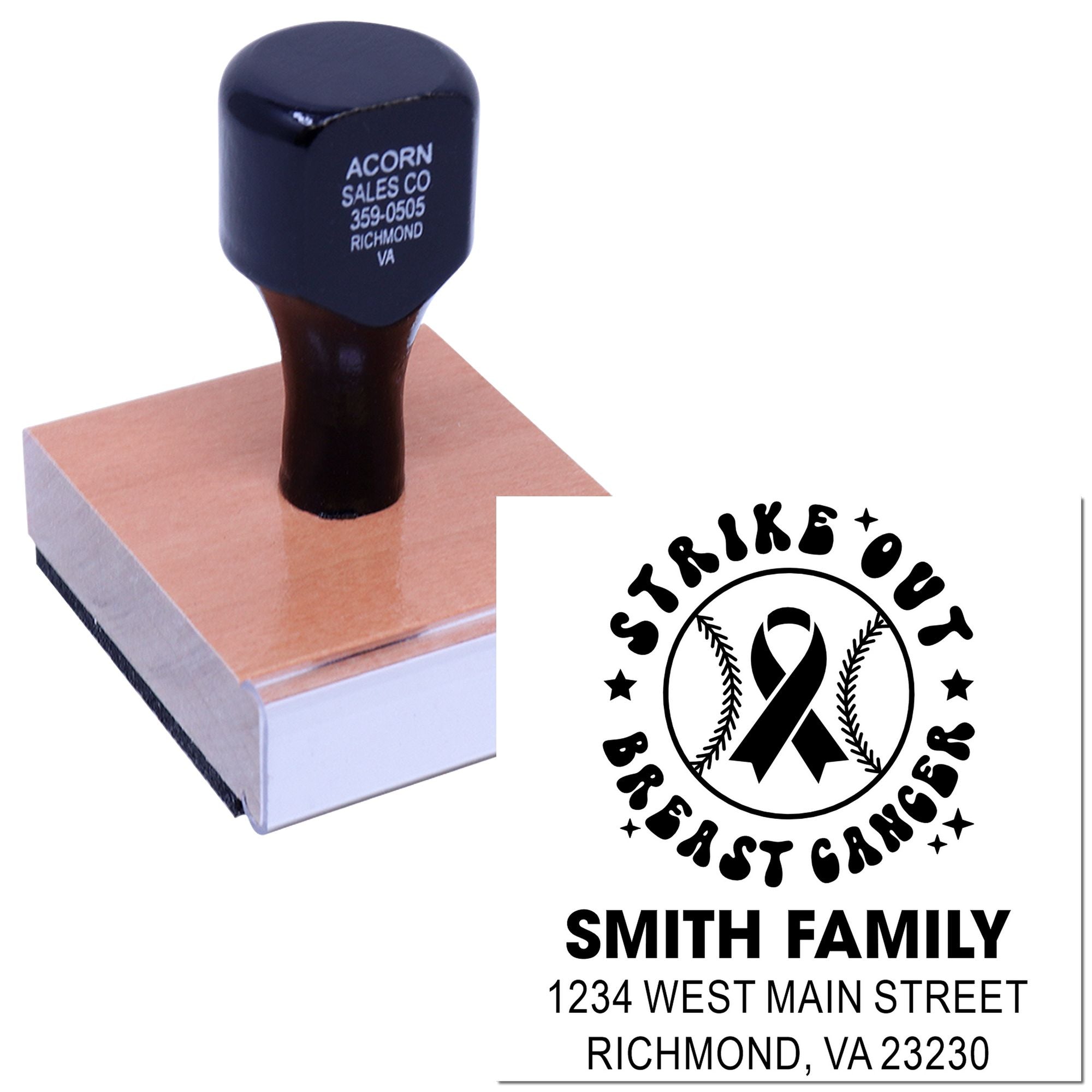 Custom rubber return address stamp for breast cancer awareness, featuring Smith Family ribbon logo design.
