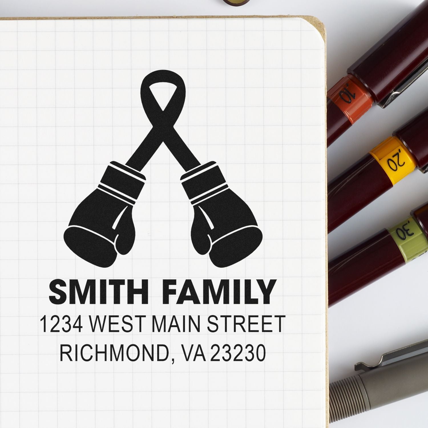 Custom boxing glove return address rubber stamp design for Smith Family, Richmond, VA 23230, ideal for personalized mail.
