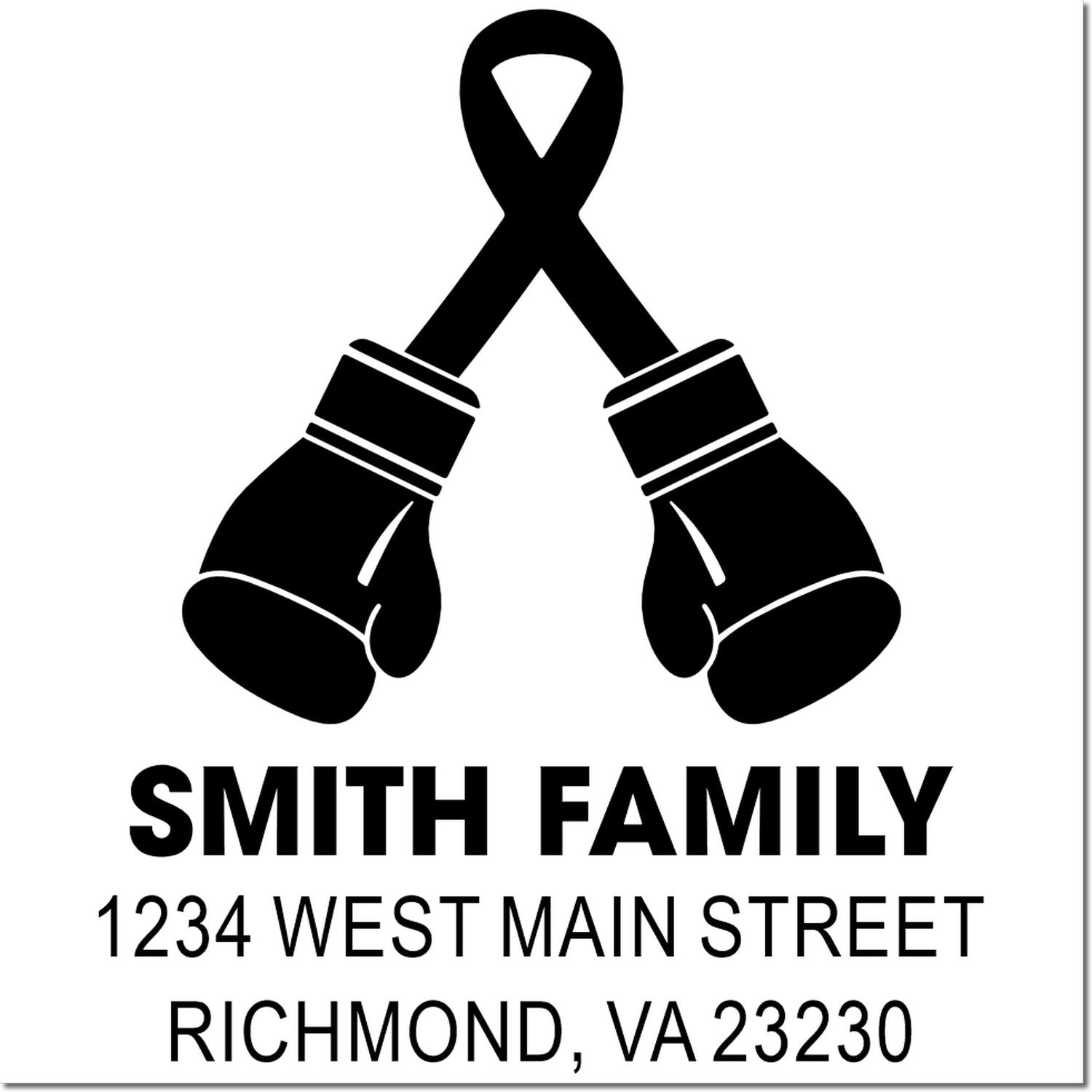Custom rubber stamp design with boxing gloves icon, Smith Family name, and return address for mailing.