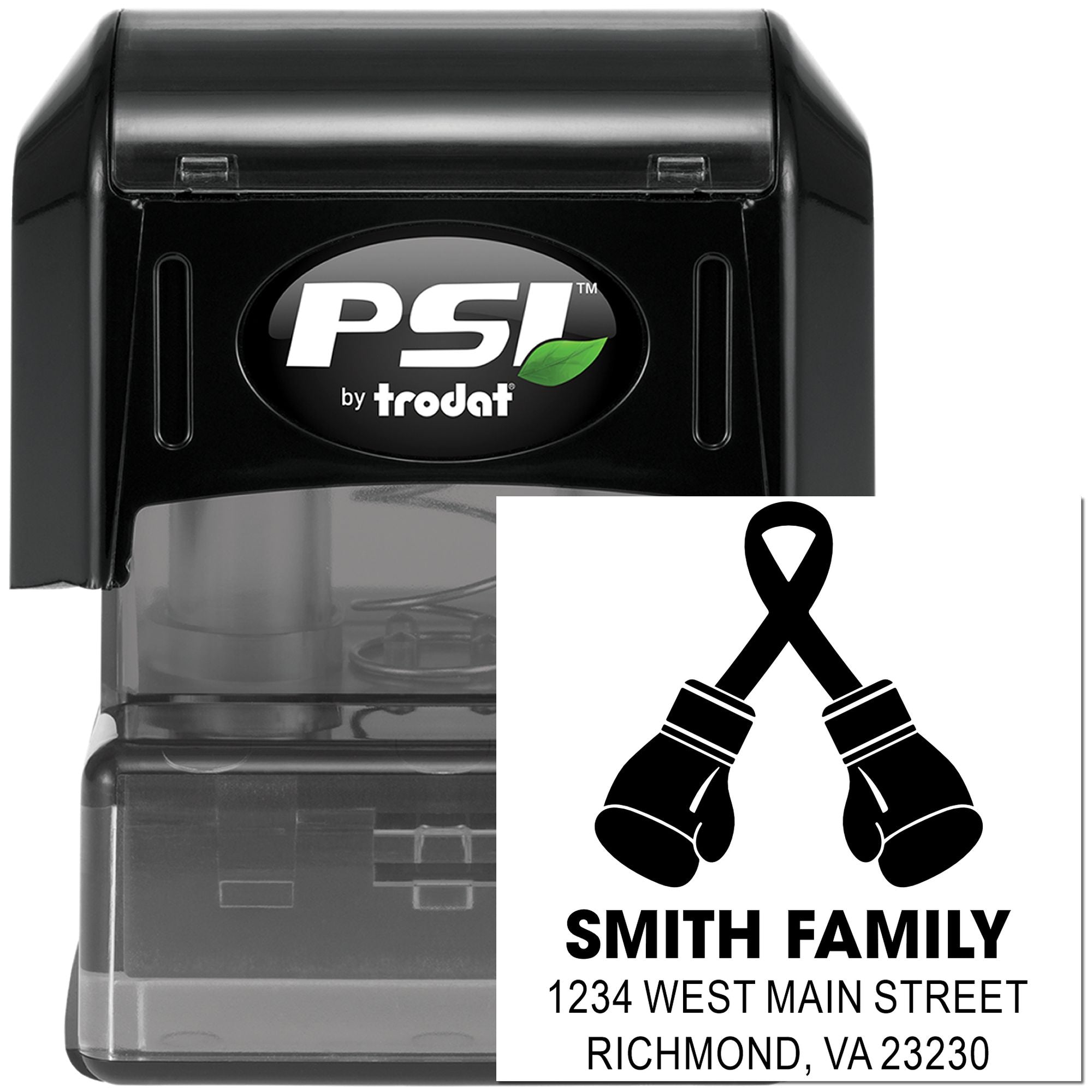 Self-inking PSI by Trodat custom return address rubber stamp with boxing gloves logo for Smith family mailing labels.