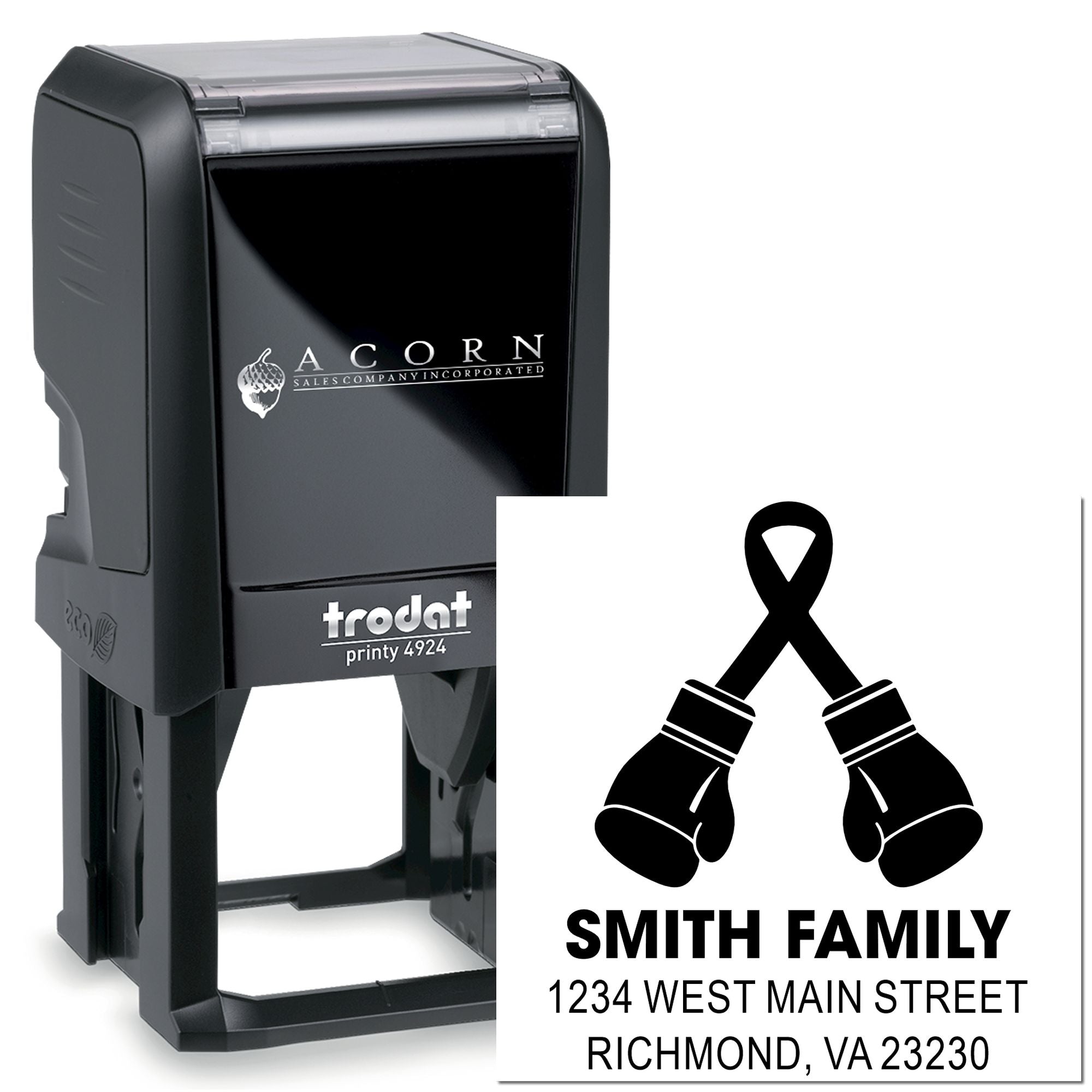 Custom self-inking address rubber stamp for the Smith family, featuring boxing gloves logo and return mailing address.