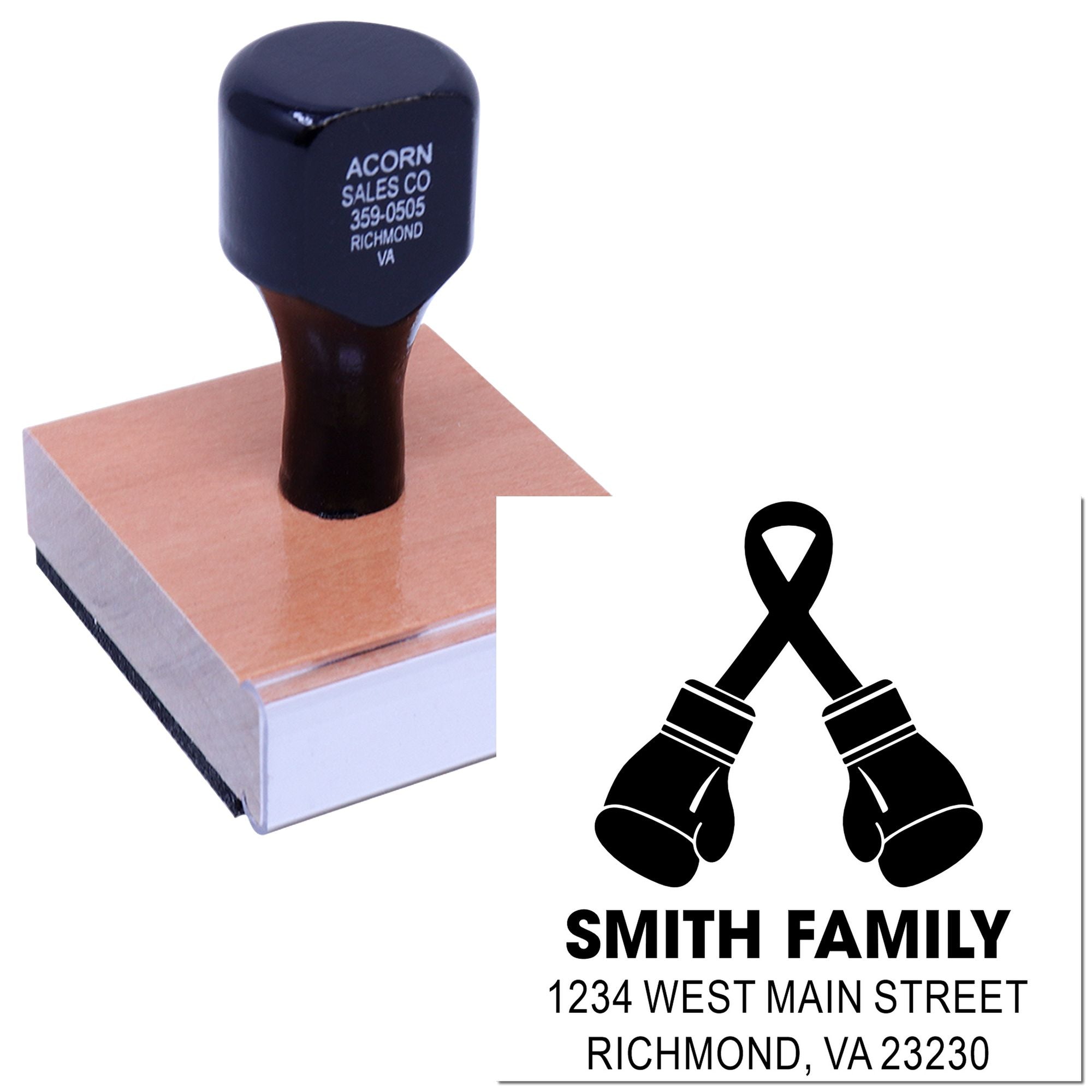 Personalized rubber address stamp with boxing gloves logo for Smith Family return address use