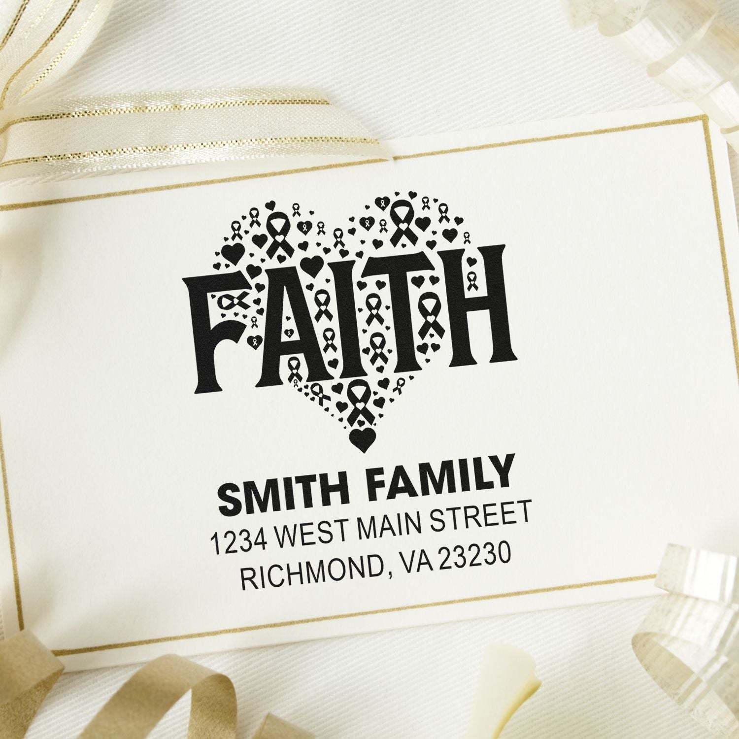 Custom family address rubber stamp with faith heart and ribbon design for personalized mailing and stationery