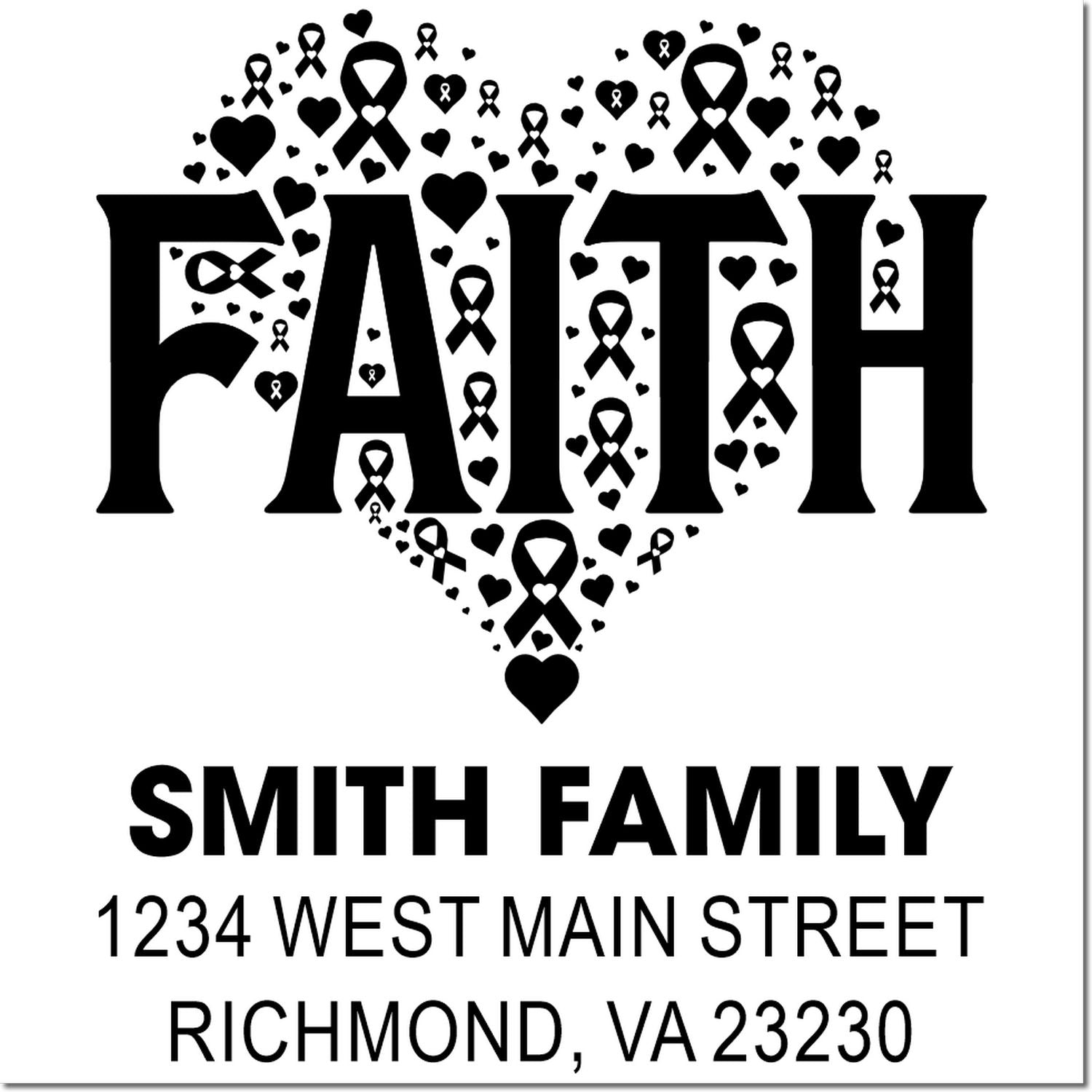 Custom faith awareness ribbon return address rubber stamp with hearts, Smith Family, 1234 West Main Street, Richmond, VA 23230.