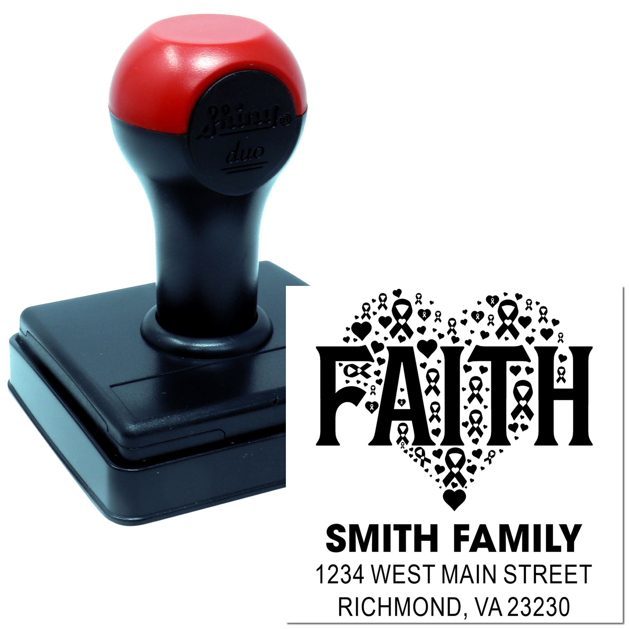 Custom self-inking rubber stamp with faith heart design and Smith Family address for personalized mailing.
