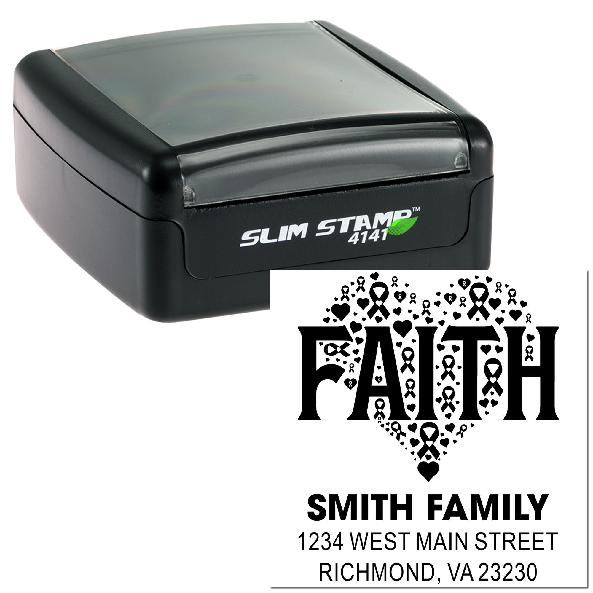 Custom self-inking rubber stamp with faith awareness design and personalized Smith family return address.