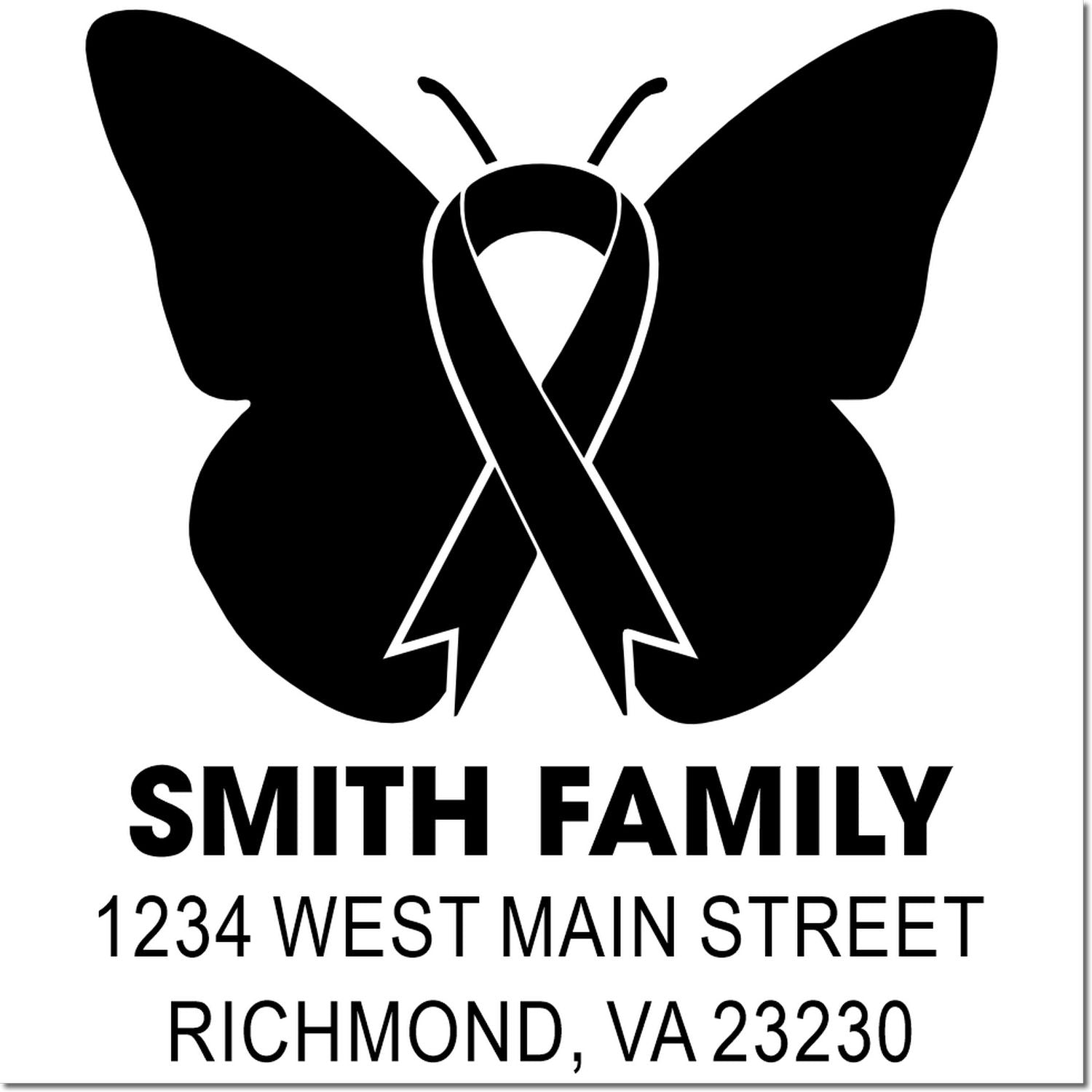 Custom personalized address rubber stamp with butterfly ribbon logo, Smith Family name, and Richmond, VA return address.