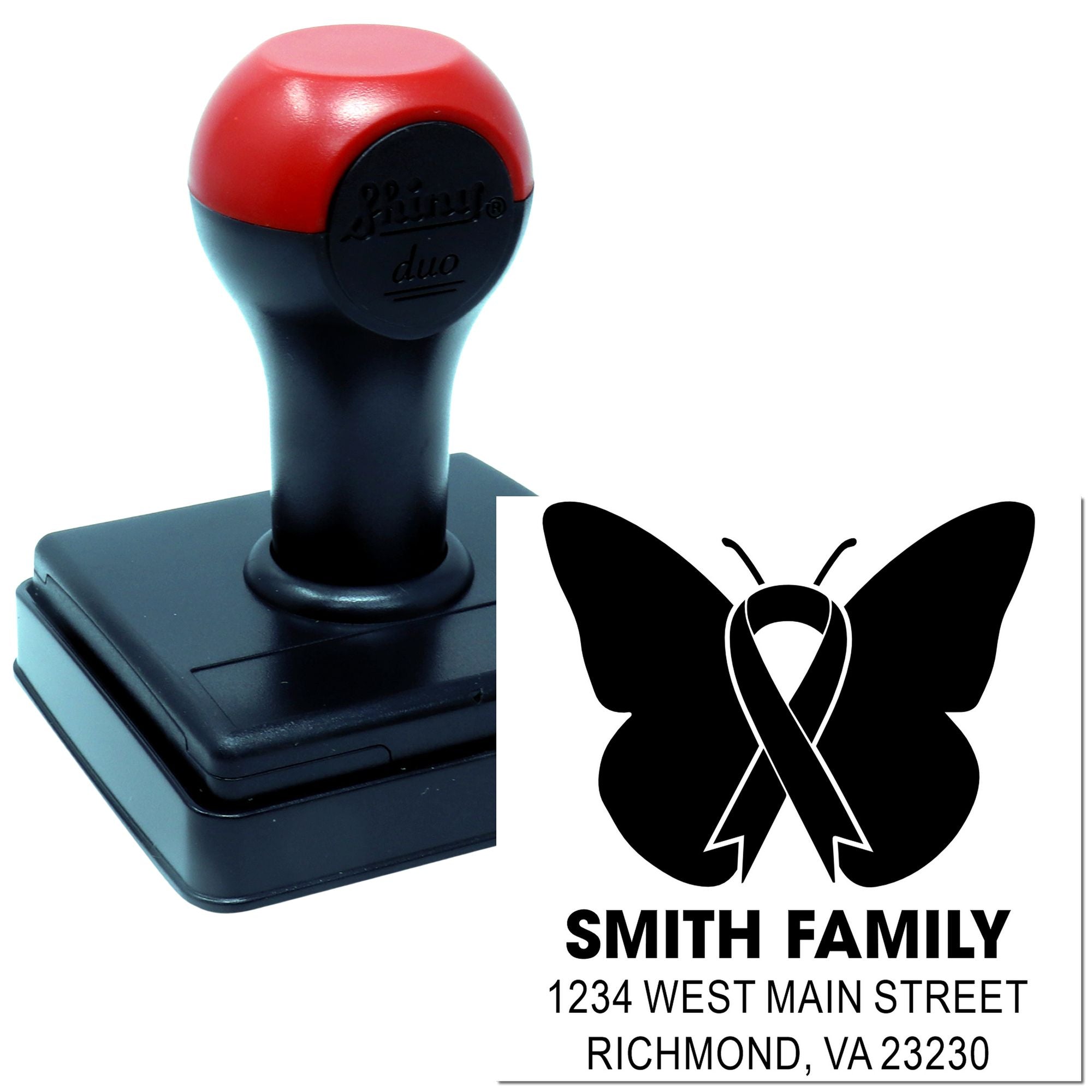 Custom self-inking rubber stamp with butterfly ribbon design for Smith family address label, Richmond, VA 23230