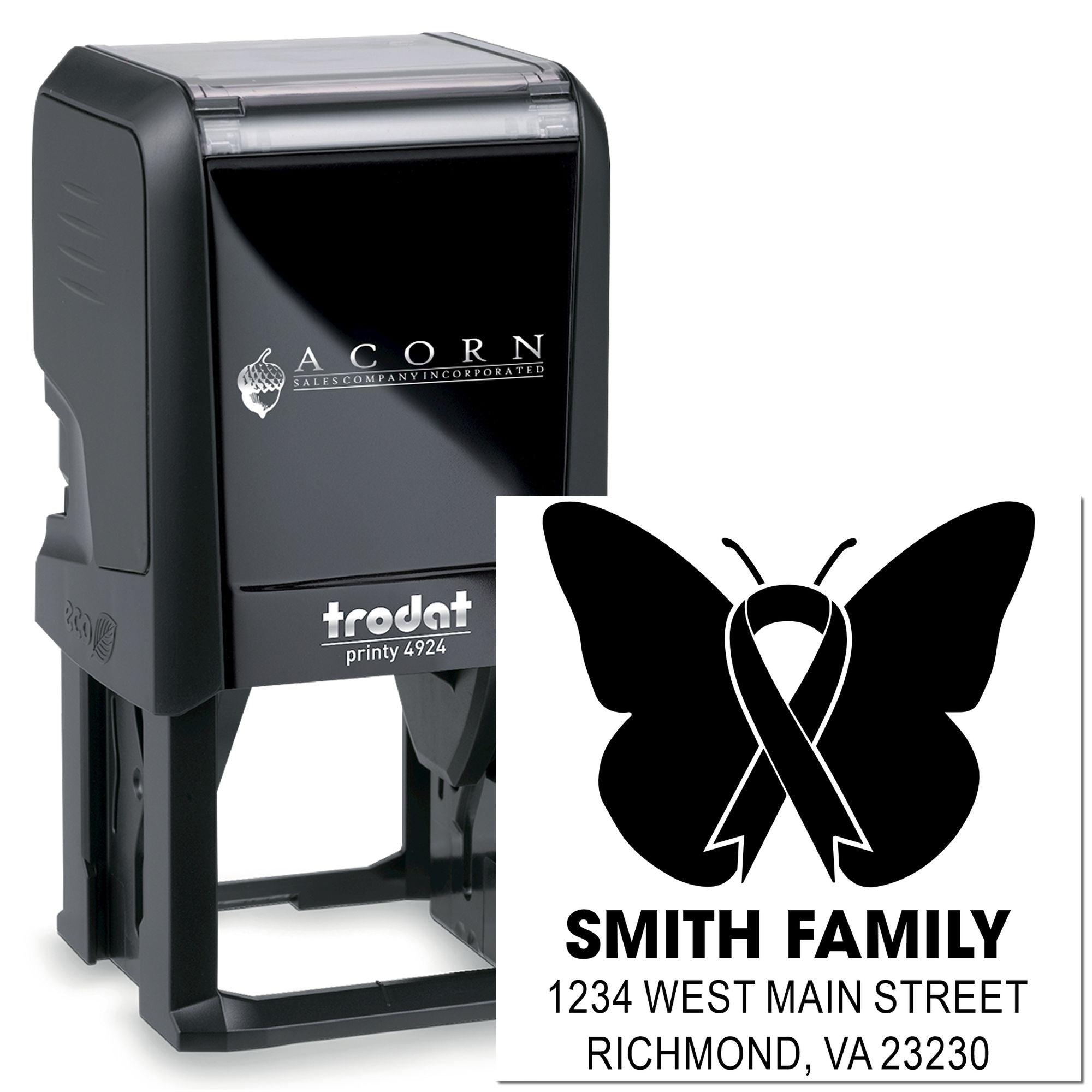 Custom self-inking rubber stamp with butterfly ribbon design for Smith Family return address mailing.
