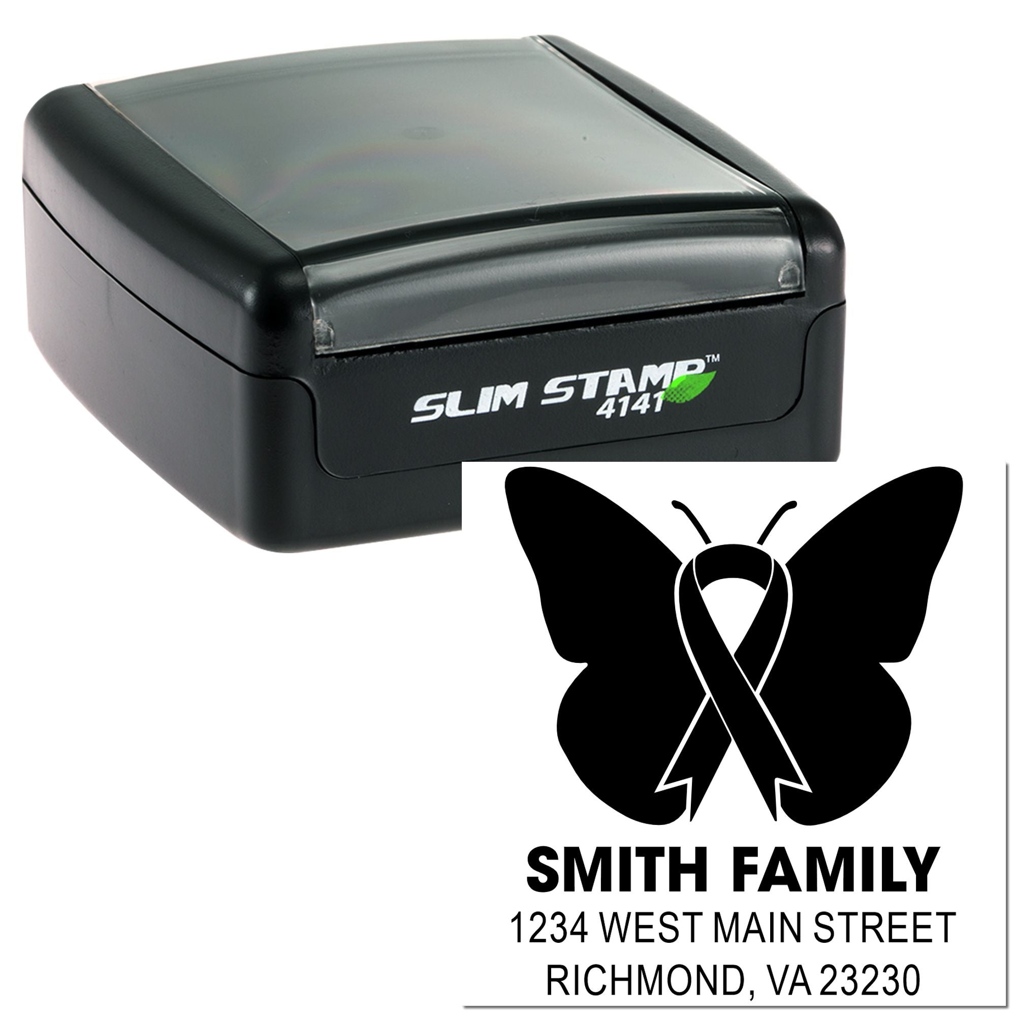 Self-inking Slim Stamp 4141 custom rubber stamp with butterfly ribbon design for Smith Family return address imprint.