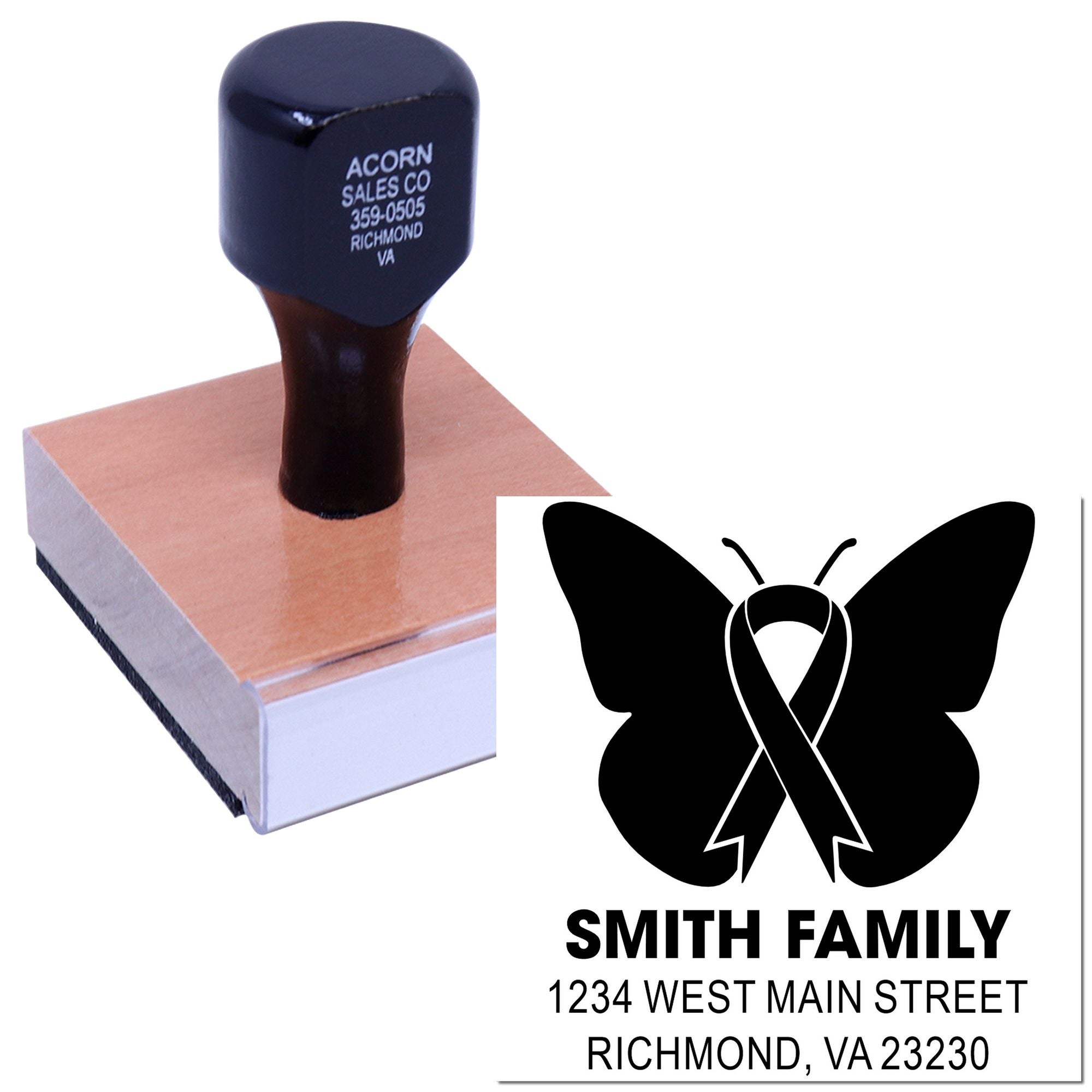 Custom rubber stamp with butterfly ribbon logo and Smith Family address for personalized mailing and branding.