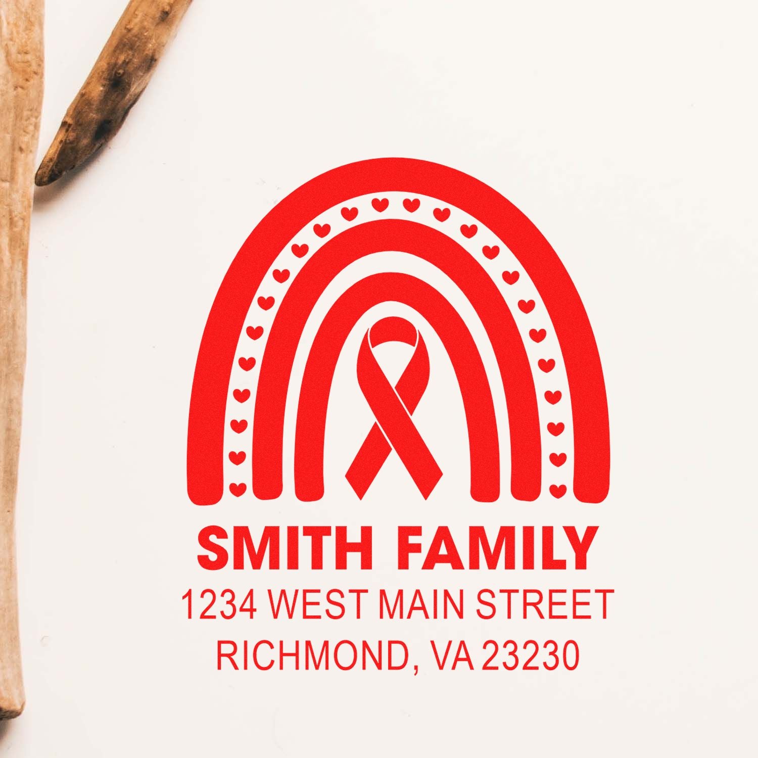 Custom family address rubber stamp with rainbow ribbon design for personalized stationery, featuring Smith Family and Richmond, VA address.