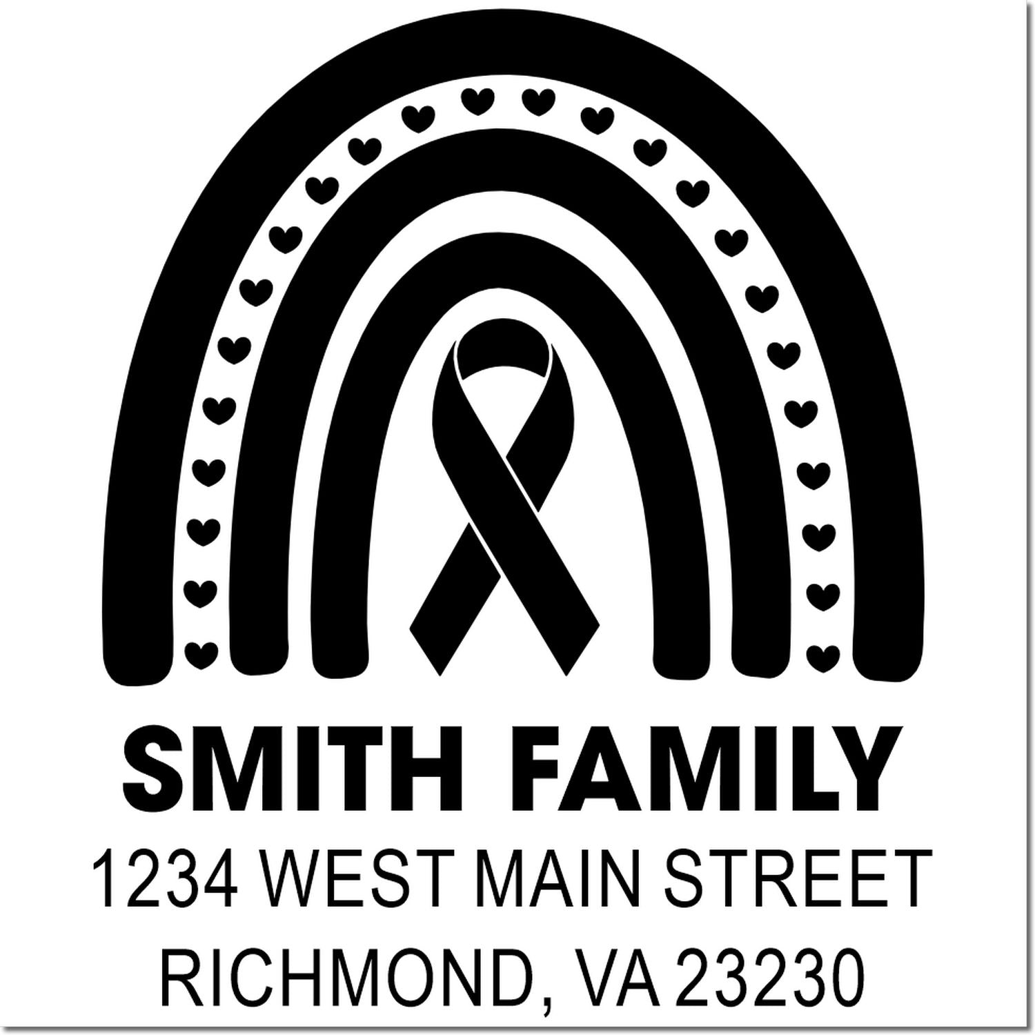 Custom return address rubber stamp with rainbow heart design, awareness ribbon, and Smith family address.