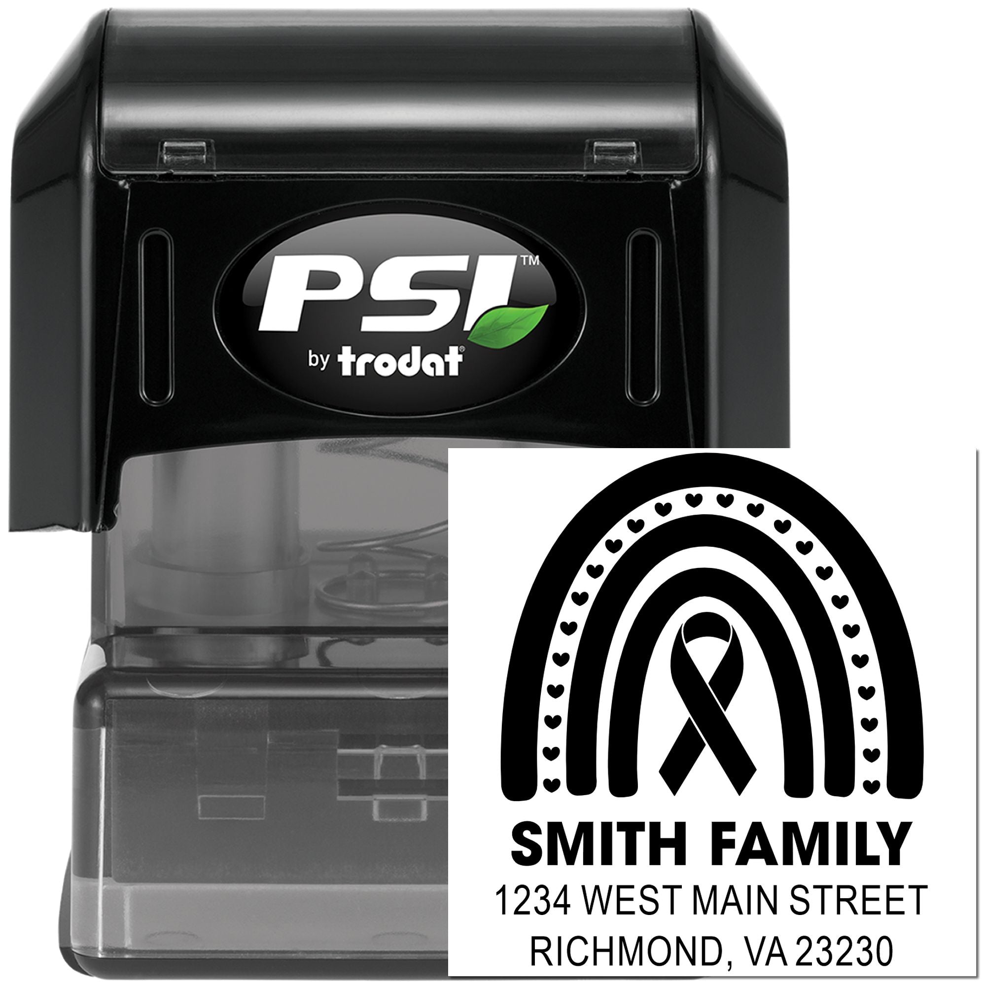Custom self-inking return address rubber stamp by PSI by Trodat with rainbow ribbon family design