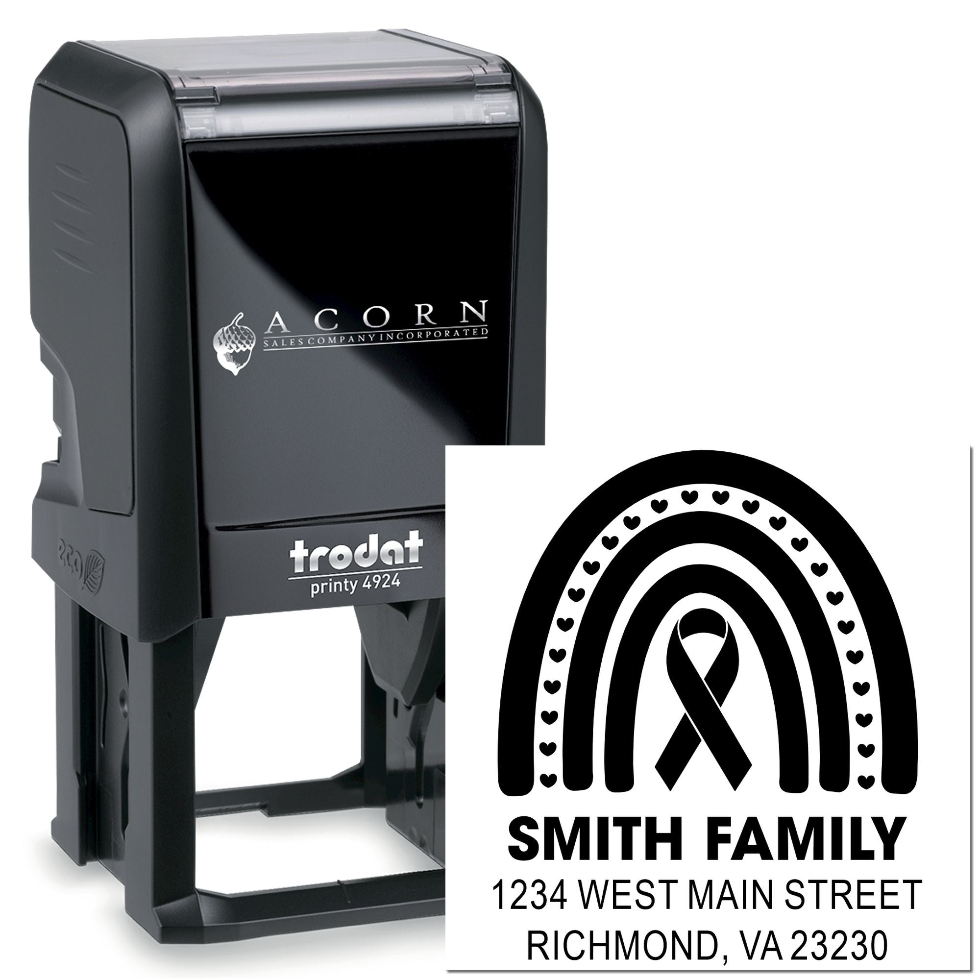 Self-inking custom rubber return address stamp with rainbow ribbon design for Smith family and home mailing labels.