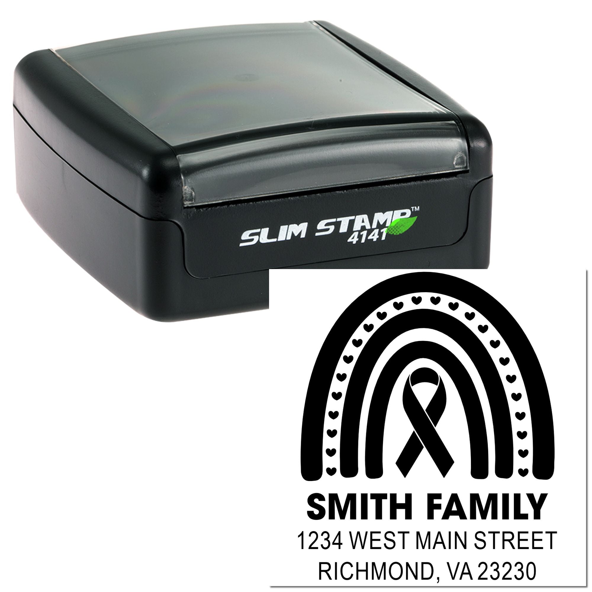Custom self-inking rubber stamp with rainbow ribbon return address design for the Smith family.
