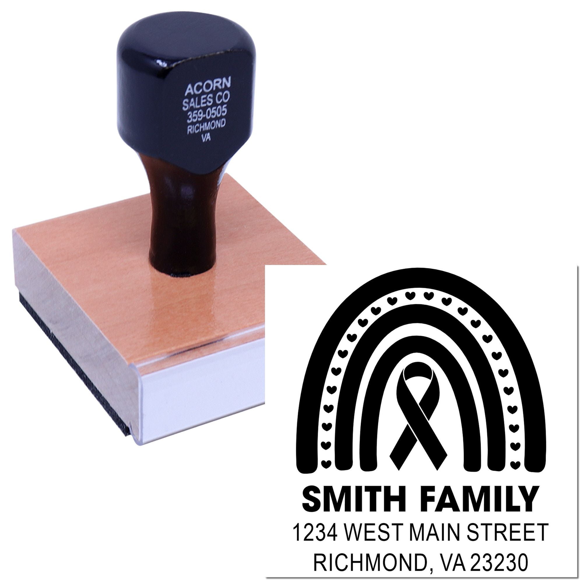 Custom return address rubber stamp with rainbow ribbon family design and Smith Family address imprint.
