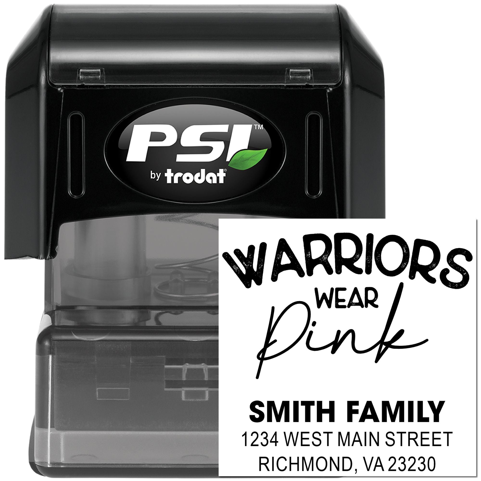 Custom self-inking rubber stamp by PSI Trodat for Warriors Wear Pink and Smith family return address.