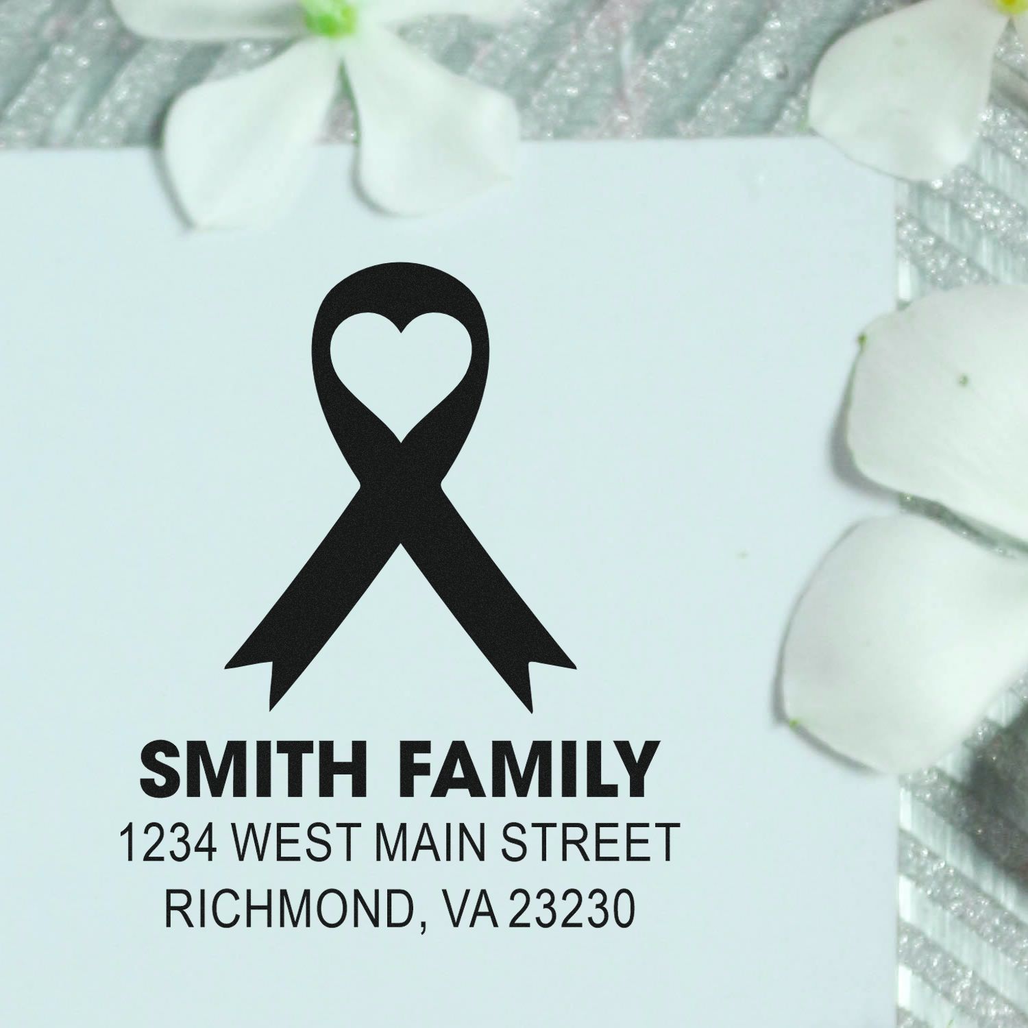 Custom return address rubber stamp with heart ribbon design for Smith family, Richmond, VA 23230