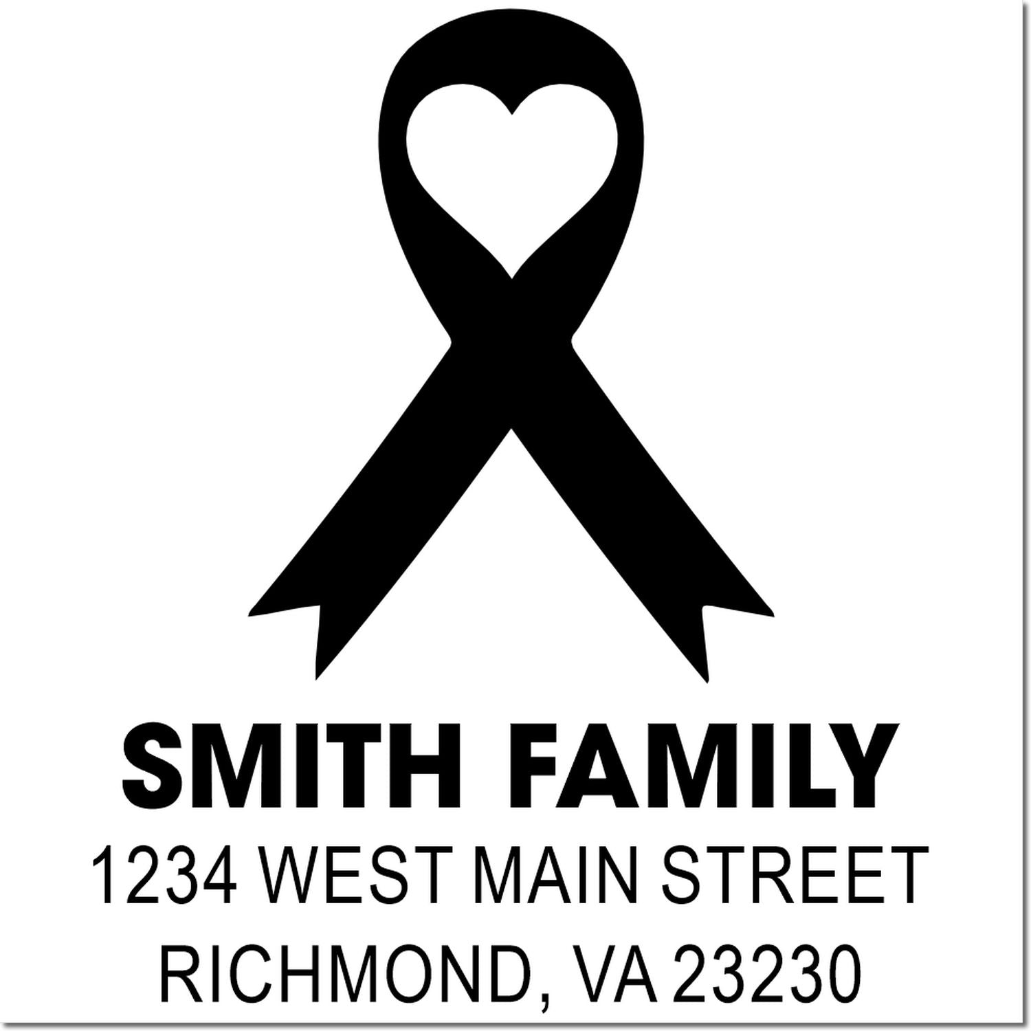 Custom return address rubber stamp with black heart ribbon logo, Smith Family, 1234 West Main Street, Richmond, VA 23230.
