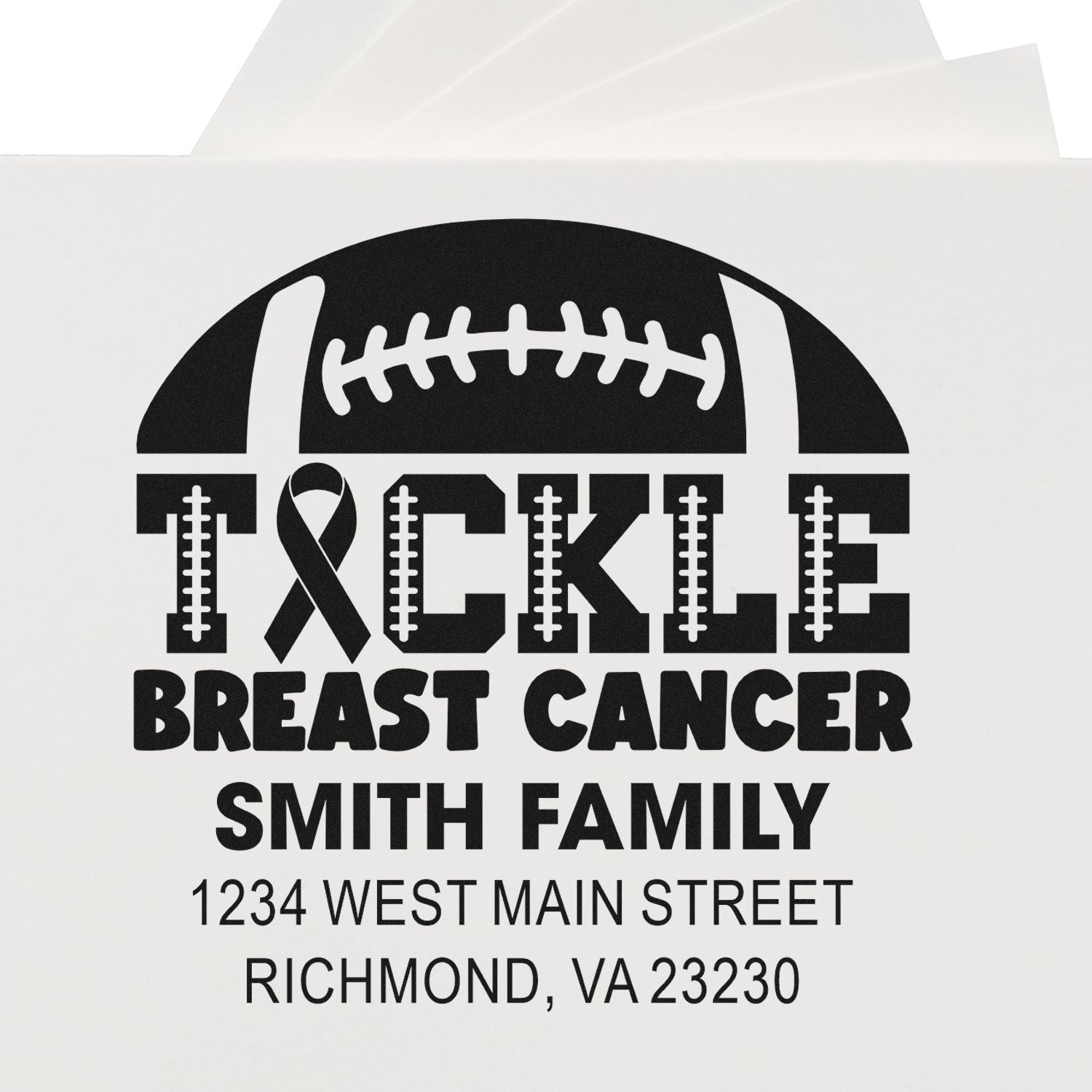 Personalized rubber stamp with football and ribbon, Tackle Breast Cancer, Smith family return address in Richmond, VA.