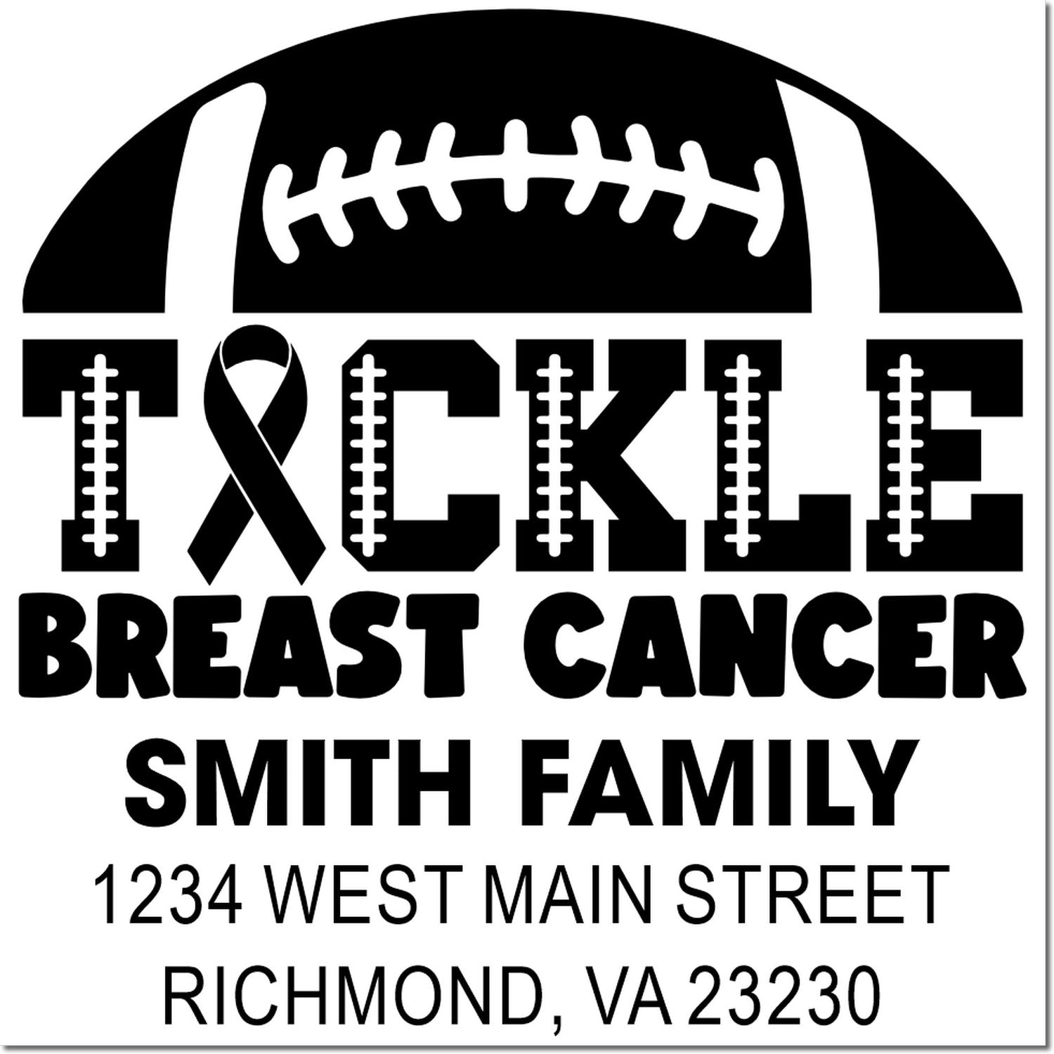 Custom football breast cancer awareness rubber stamp with Tackle Breast Cancer, Smith Family, and Richmond, VA address.