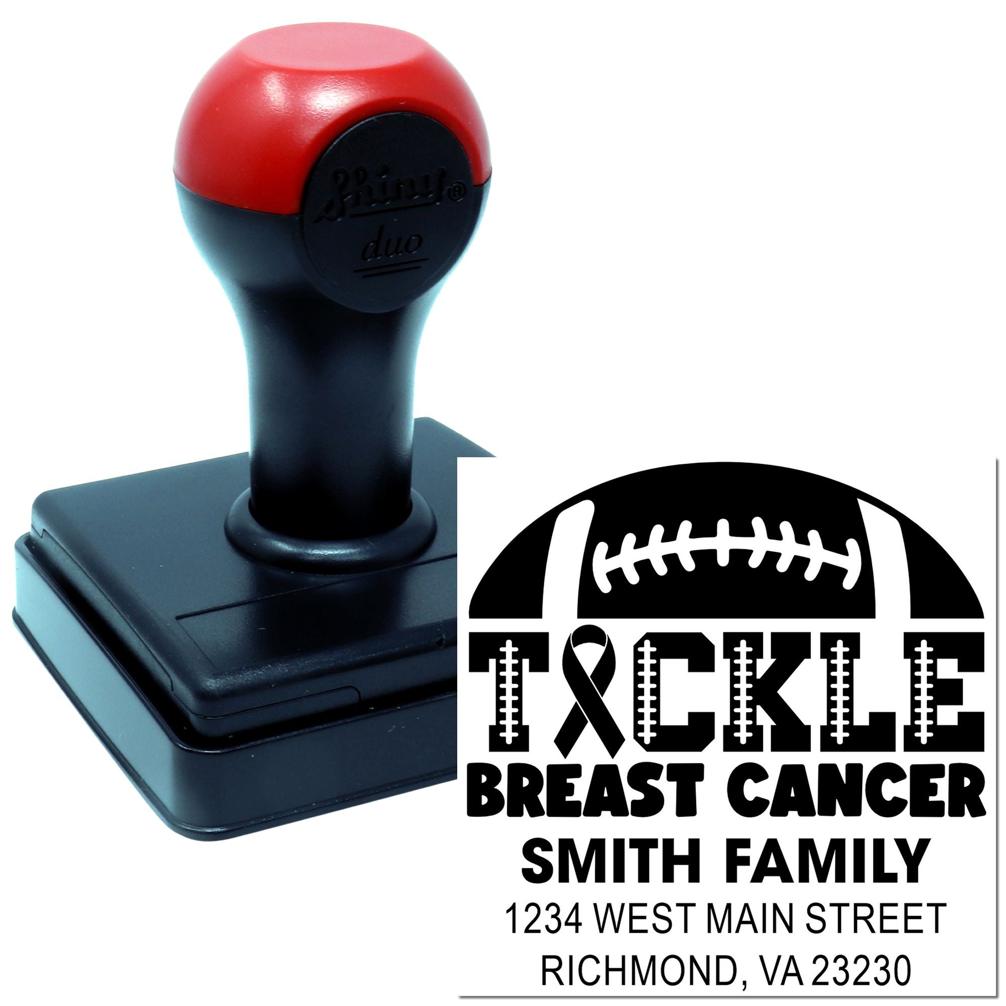 Custom rubber stamp with Tackle Breast Cancer football design, family name, and address for awareness mailings.