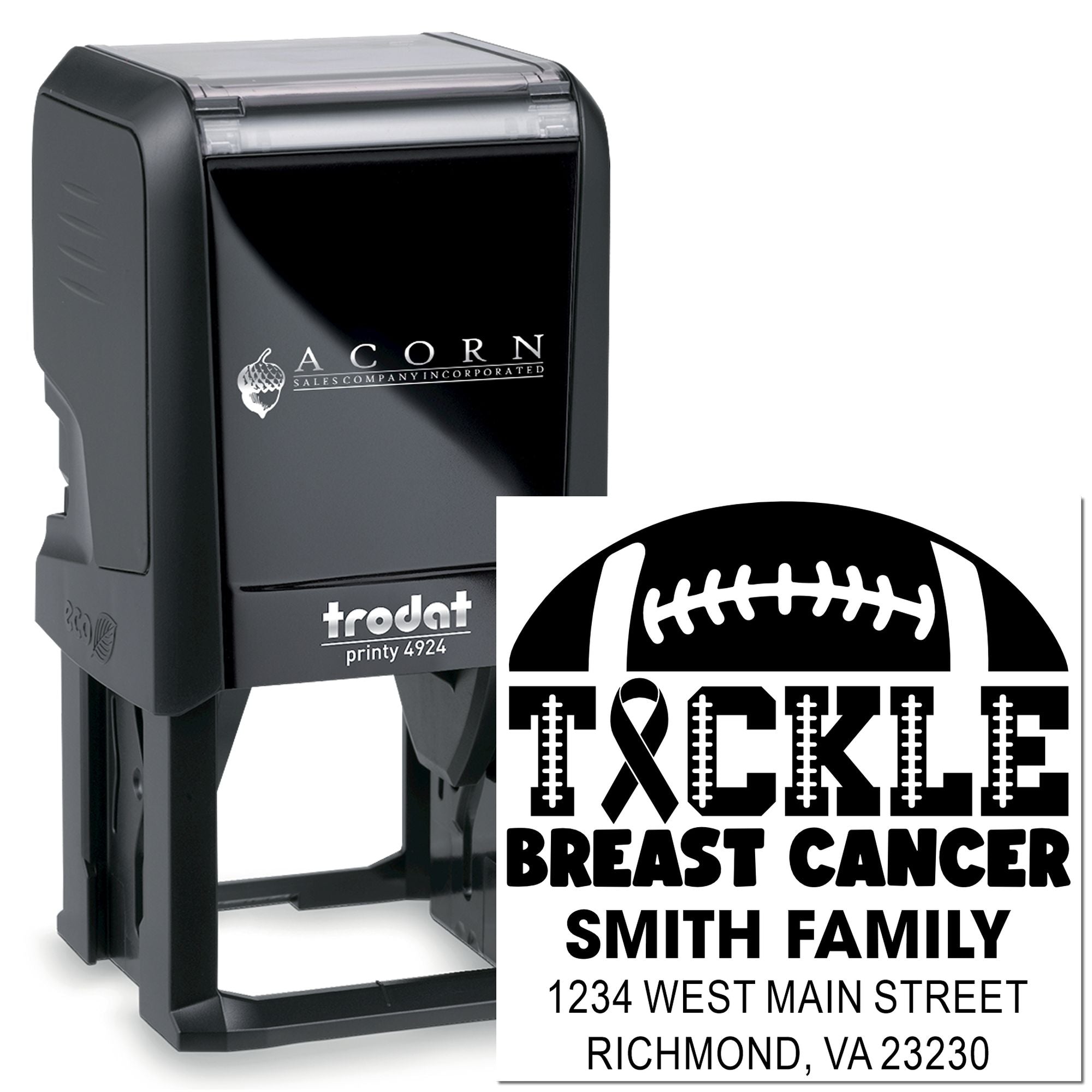 Custom self-inking rubber stamp with breast cancer awareness design, family name, and address for personalized mailings.