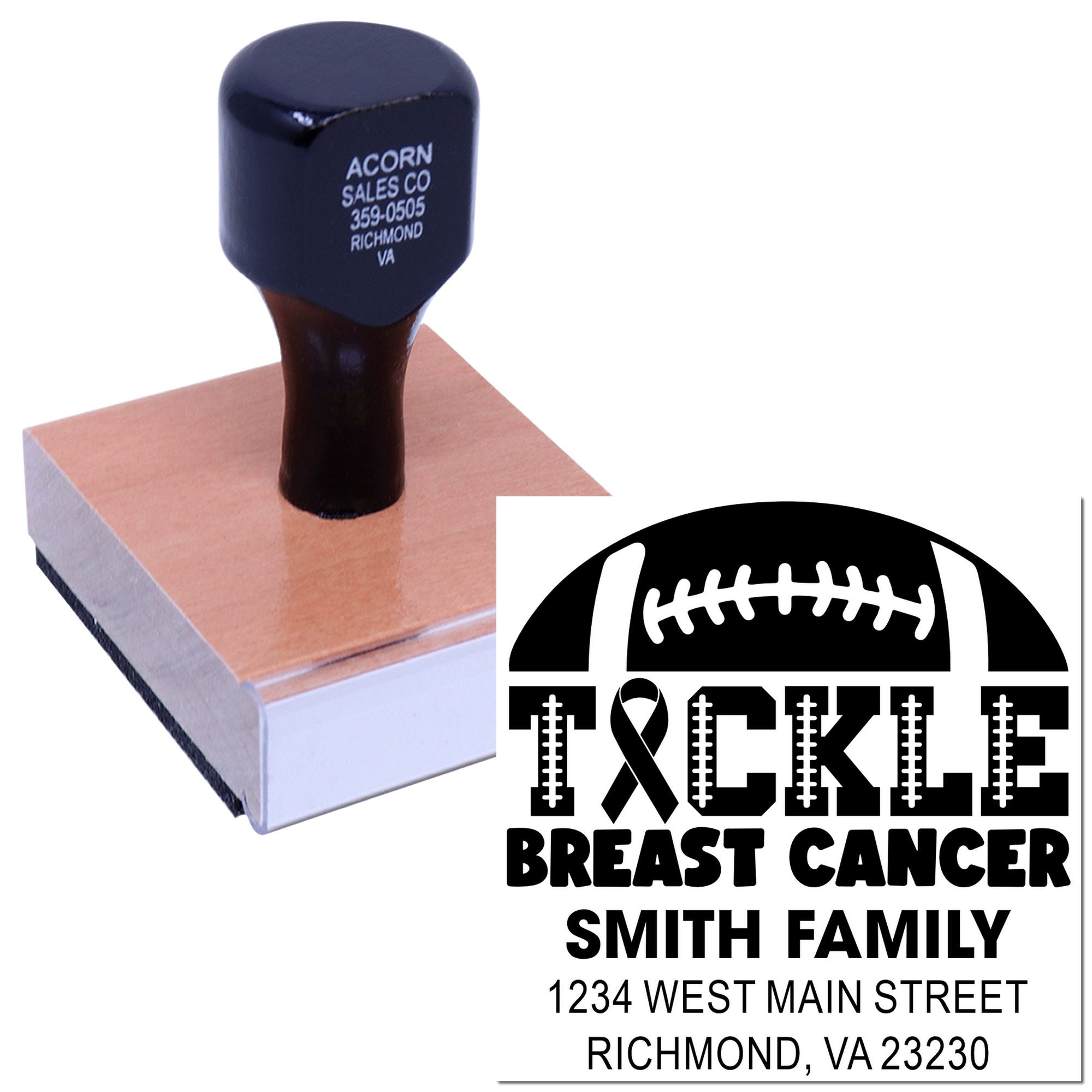 Custom breast cancer awareness rubber stamp with football design and family address for fundraising cards and mailings.