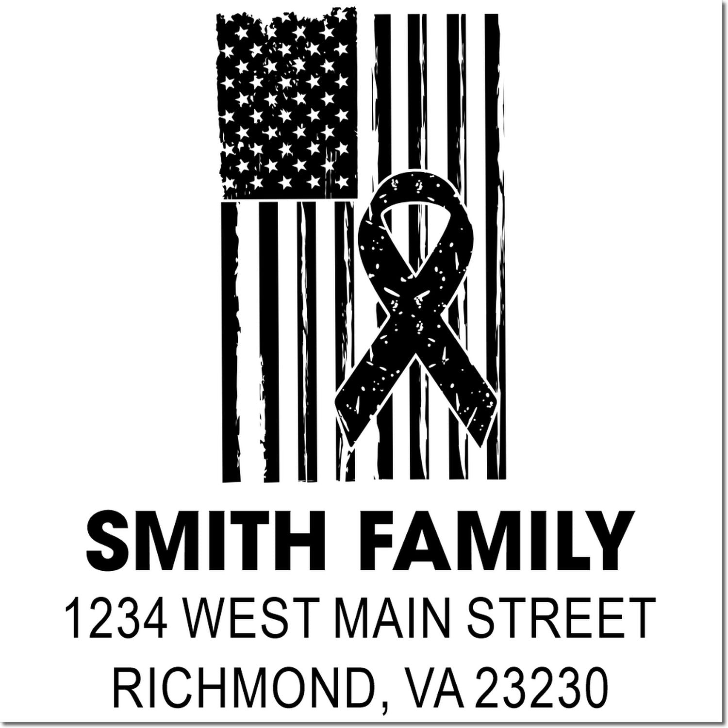Personalized family return address rubber stamp with patriotic flag and ribbon design for Smith family, Richmond, VA.