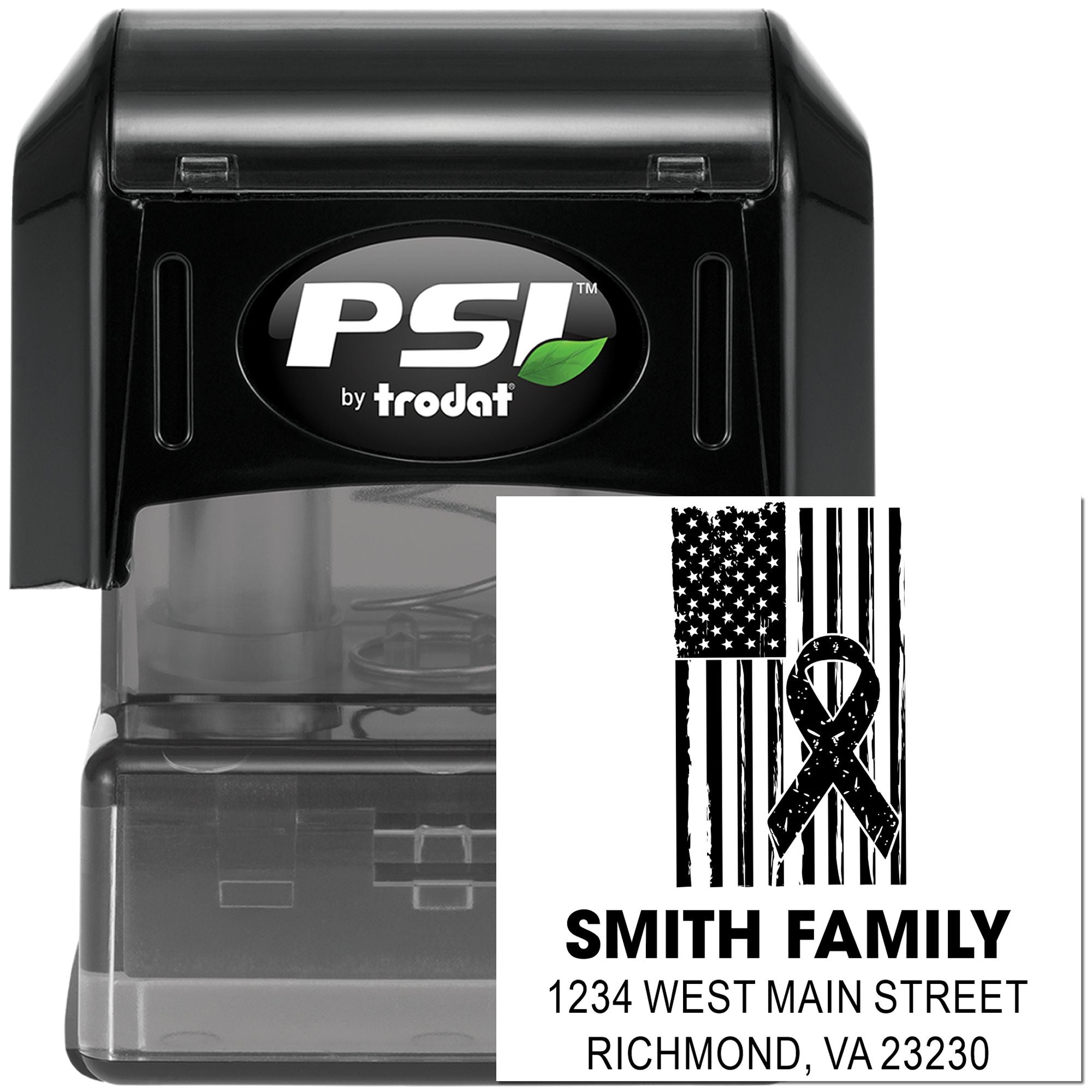 PSI by Trodat self-inking rubber return address stamp with patriotic ribbon design for custom family mailing and packaging